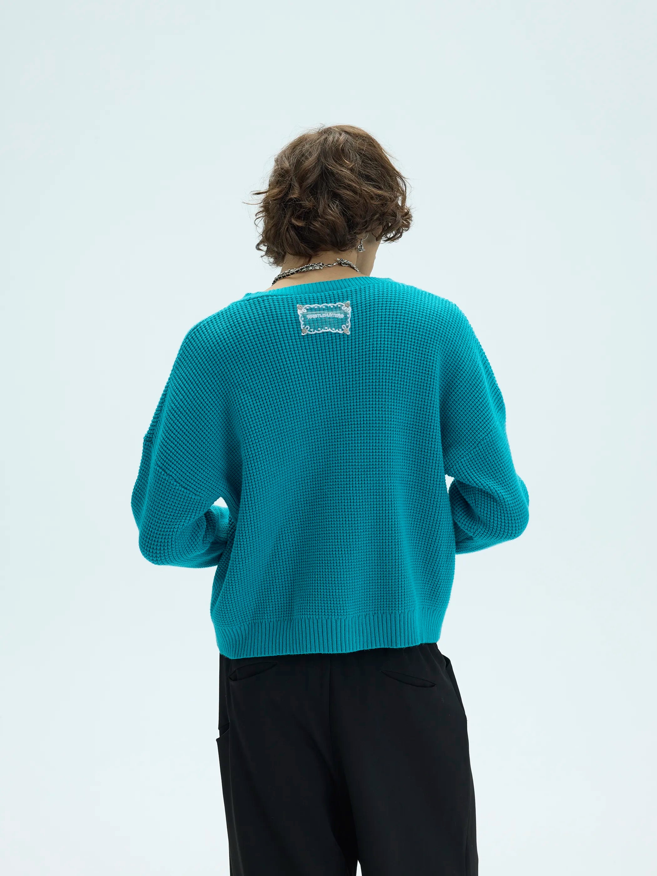 Model shot of 3D Waffle Texture Lace-Label Sweater 7