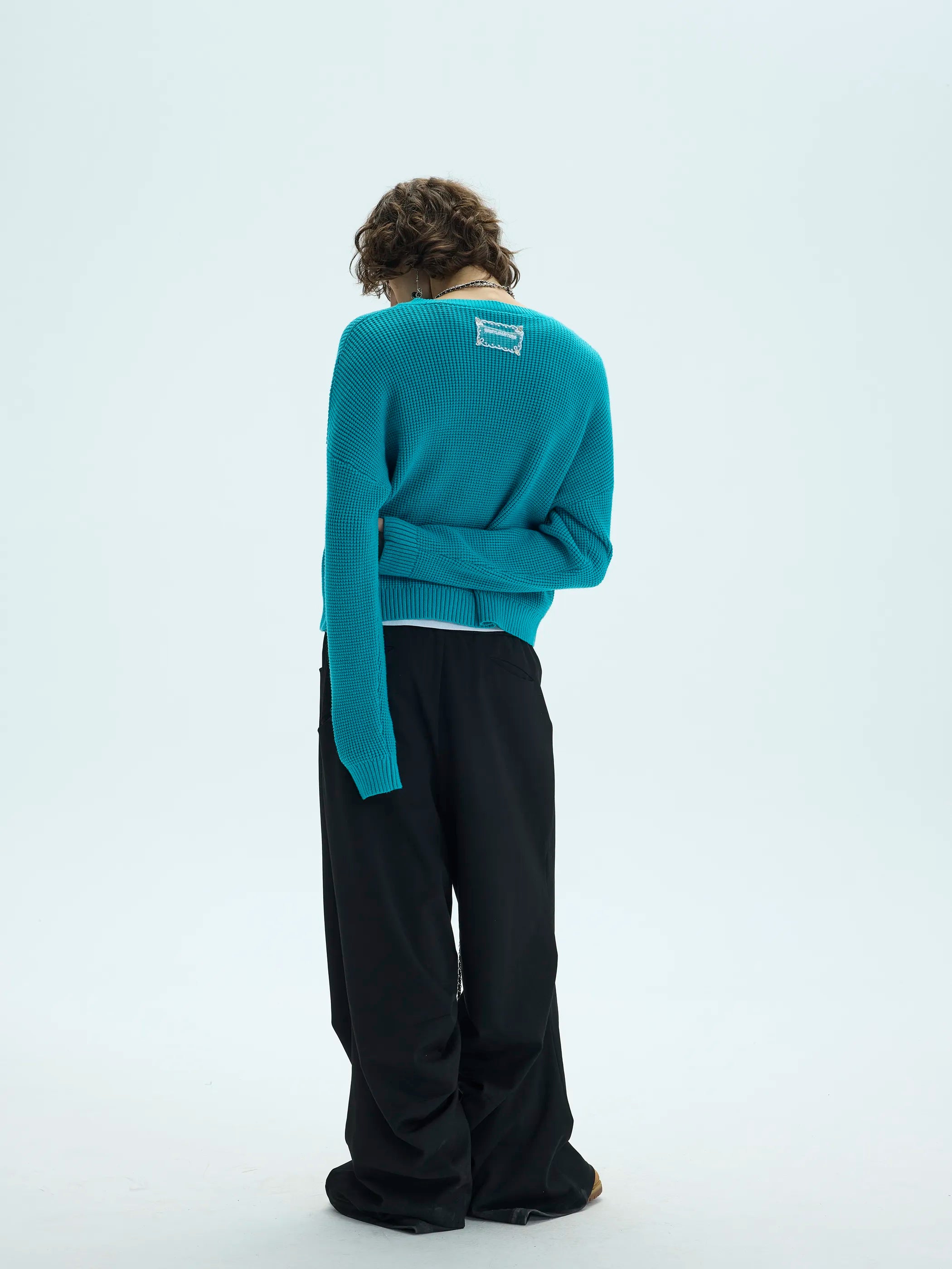 Model shot of 3D Waffle Texture Lace-Label Sweater 8