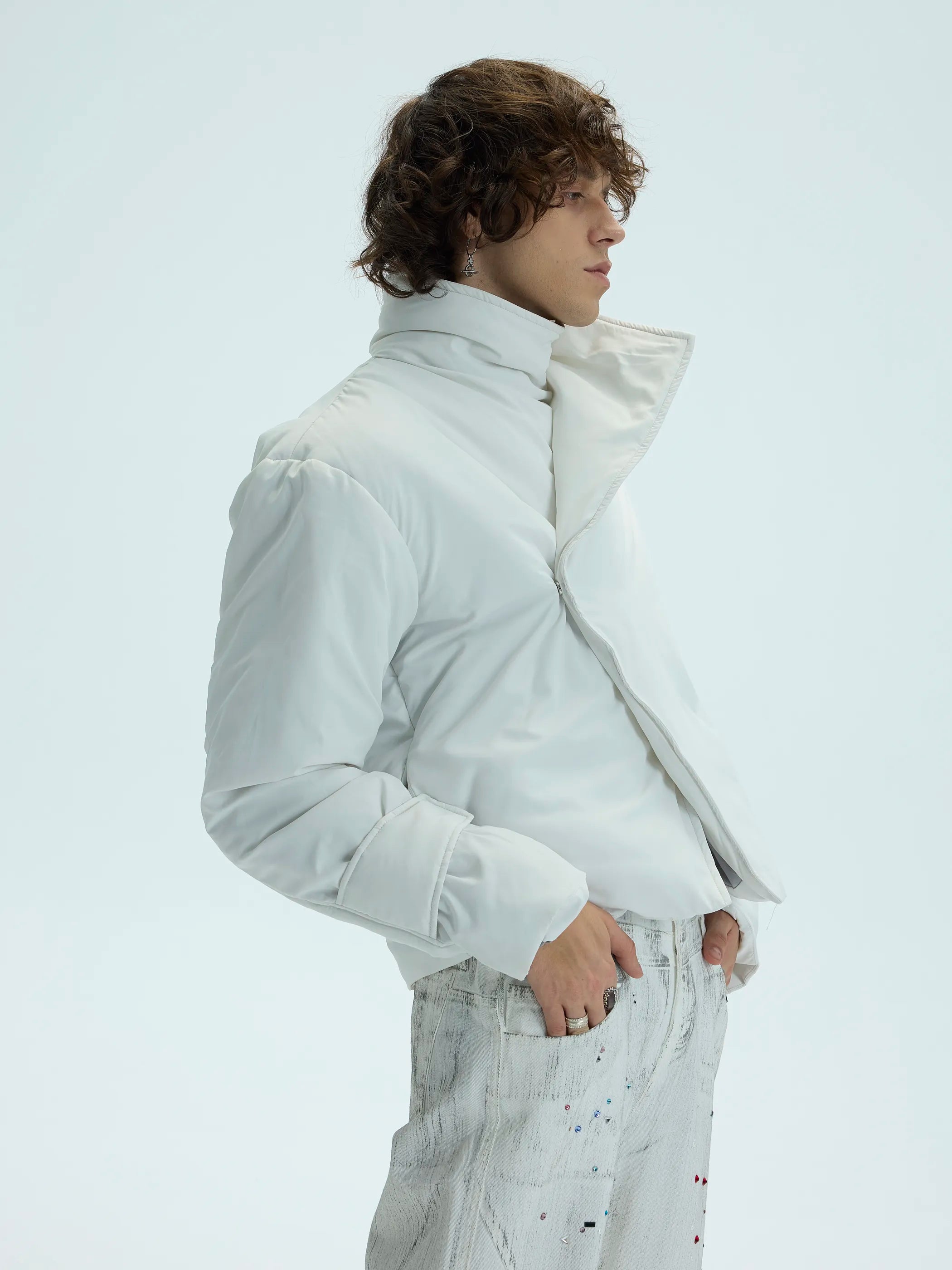 Model shot of Single-Button High-Neck Split-Hem Cotton Coat 4