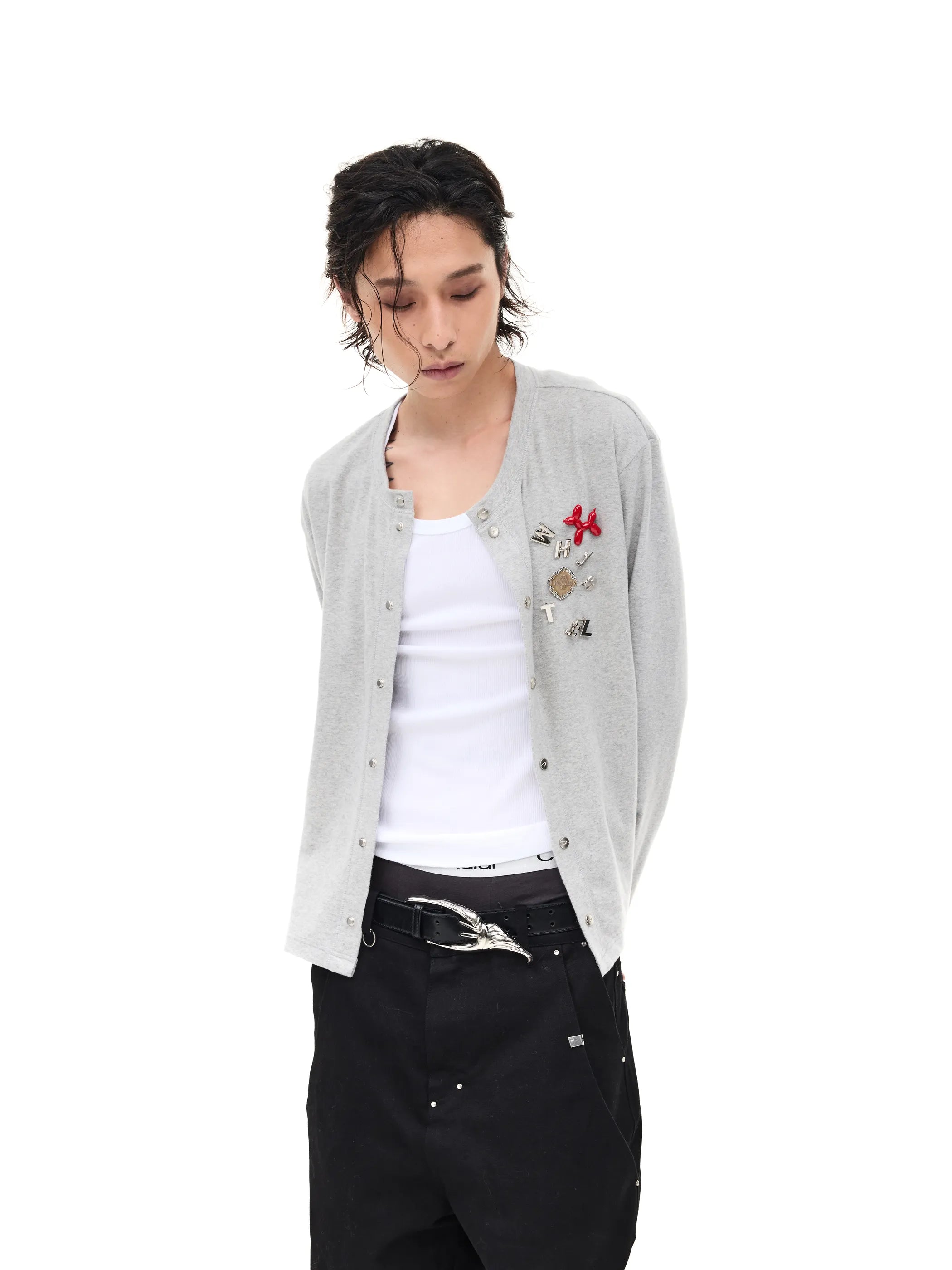 Badge-embroidered wool-blend slim-fit