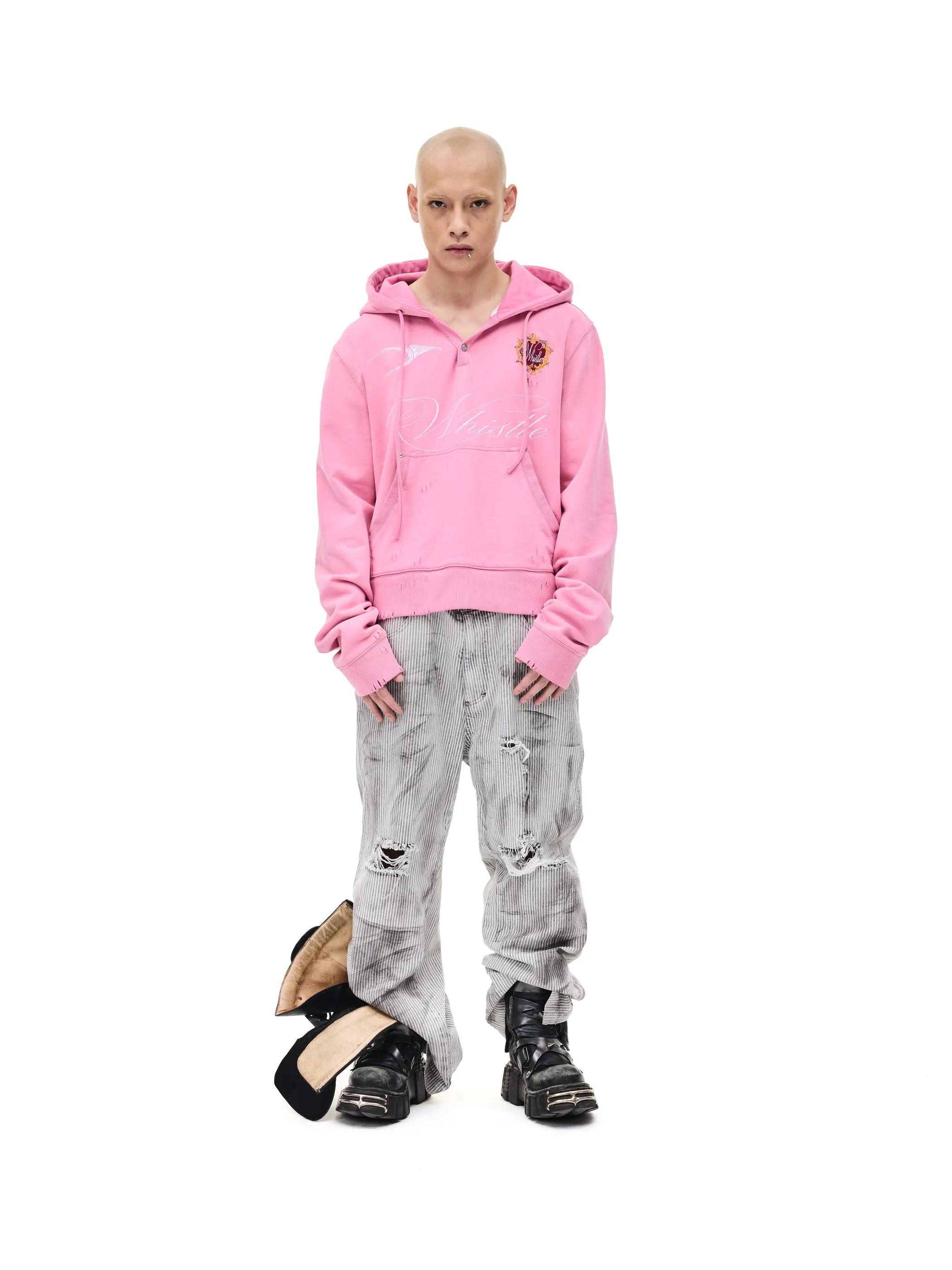 Distressed embroidered hooded sweatshirt
