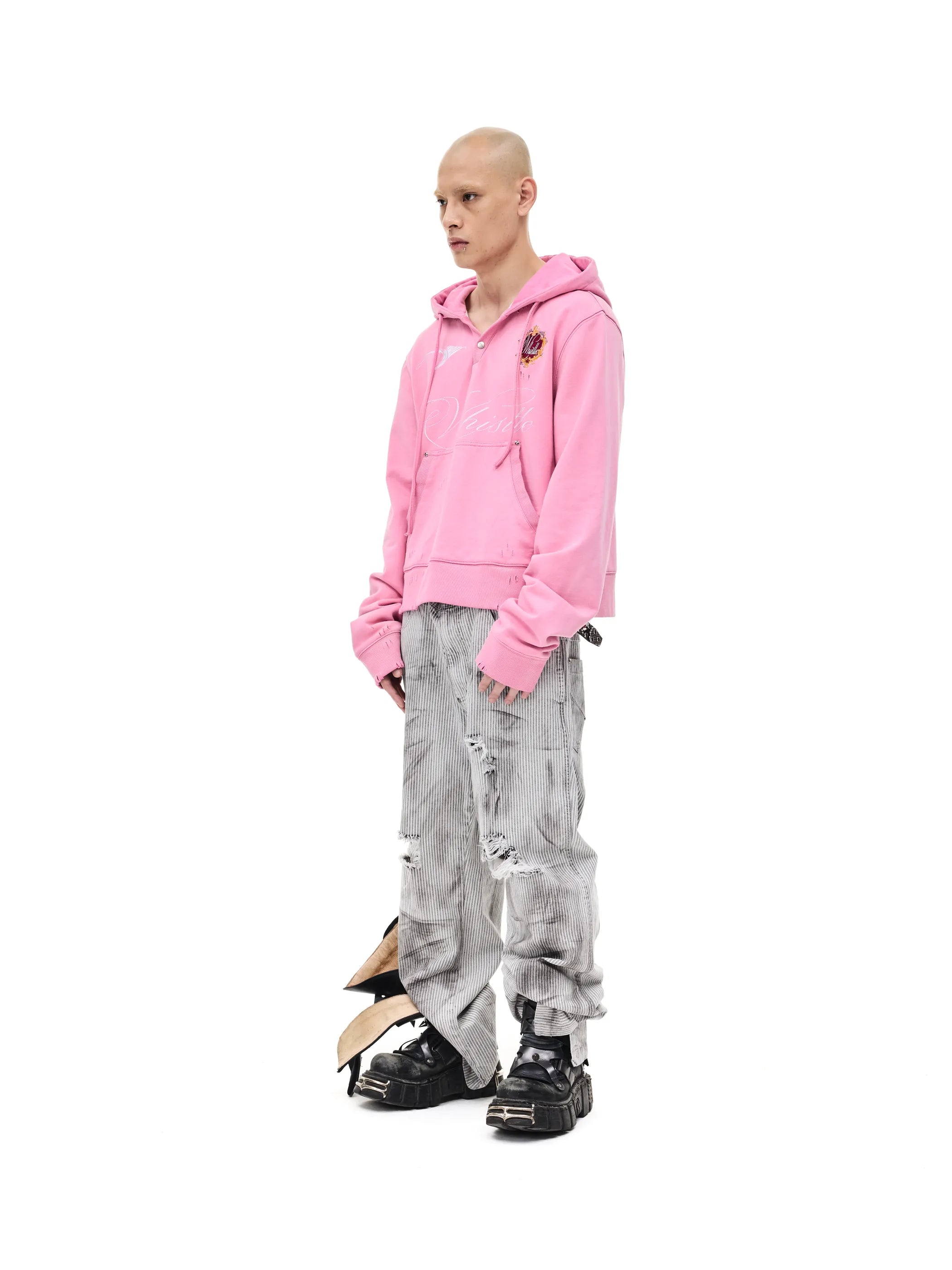 Distressed embroidered hooded sweatshirt