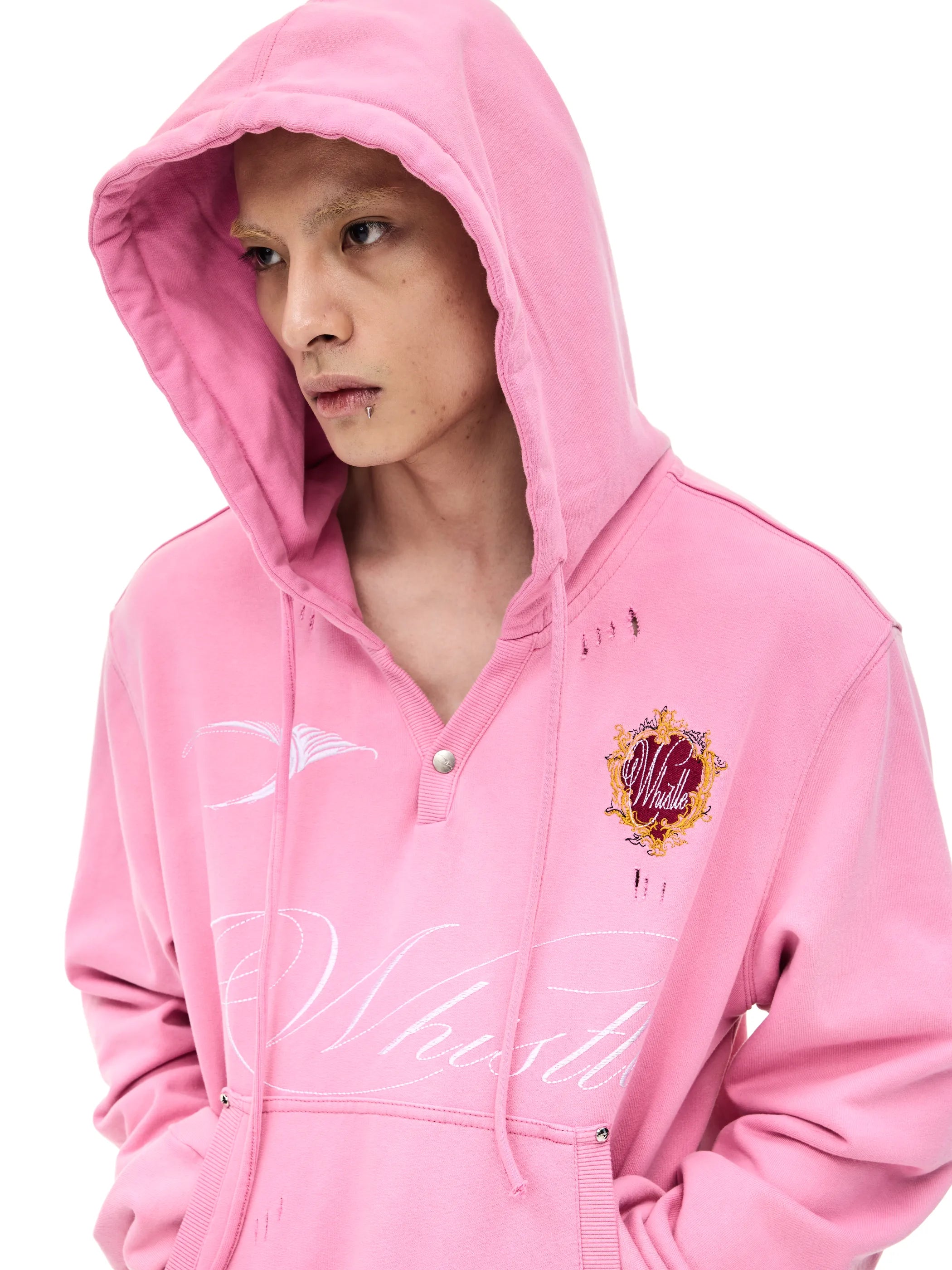 Distressed embroidered hooded sweatshirt