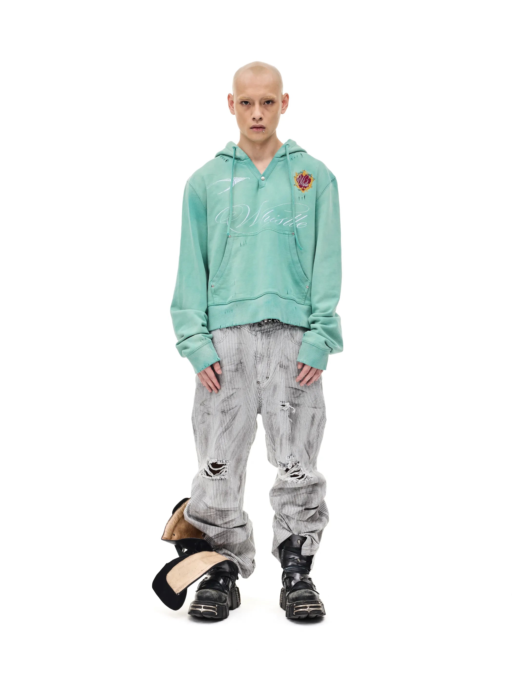Distressed embroidered hooded sweatshirt
