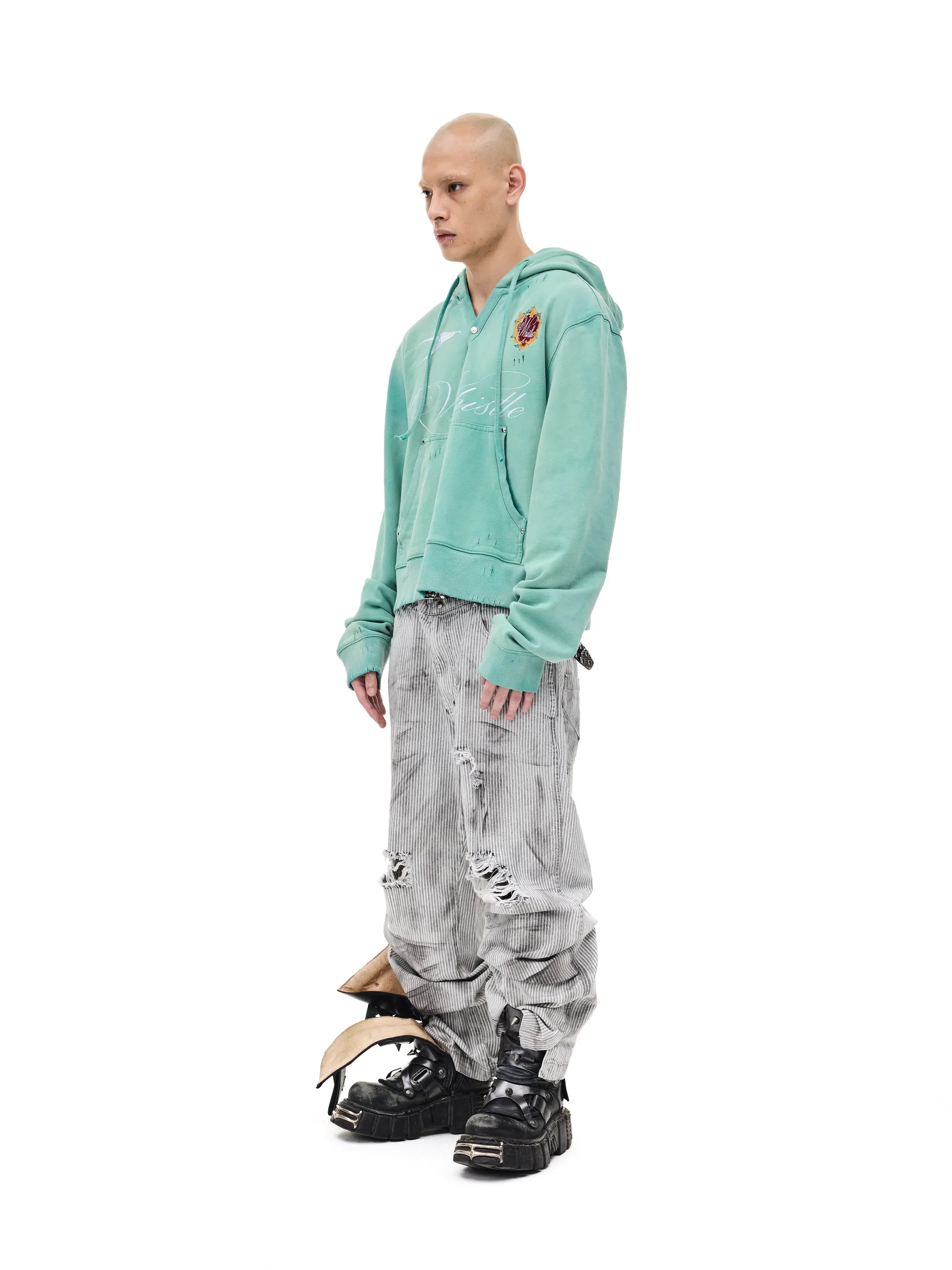 Distressed embroidered hooded sweatshirt
