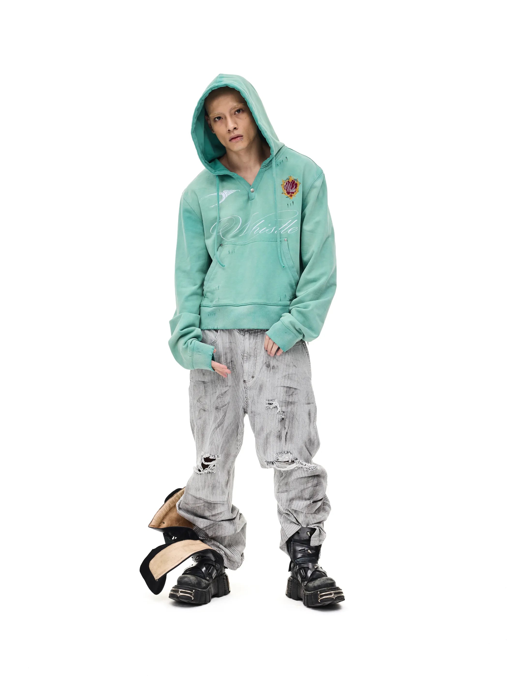 Distressed embroidered hooded sweatshirt