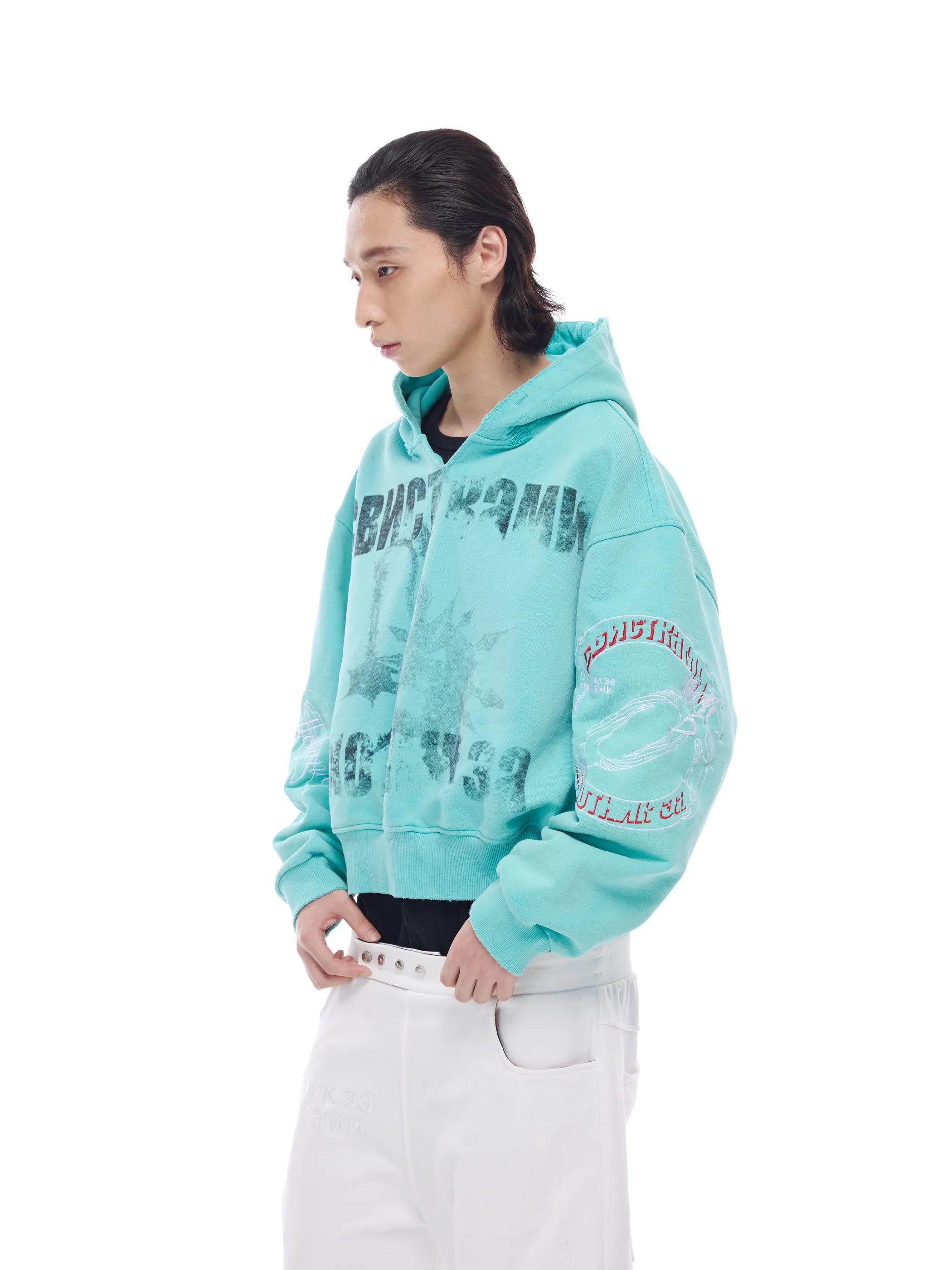 Distressed embroidered V-neck hoodie