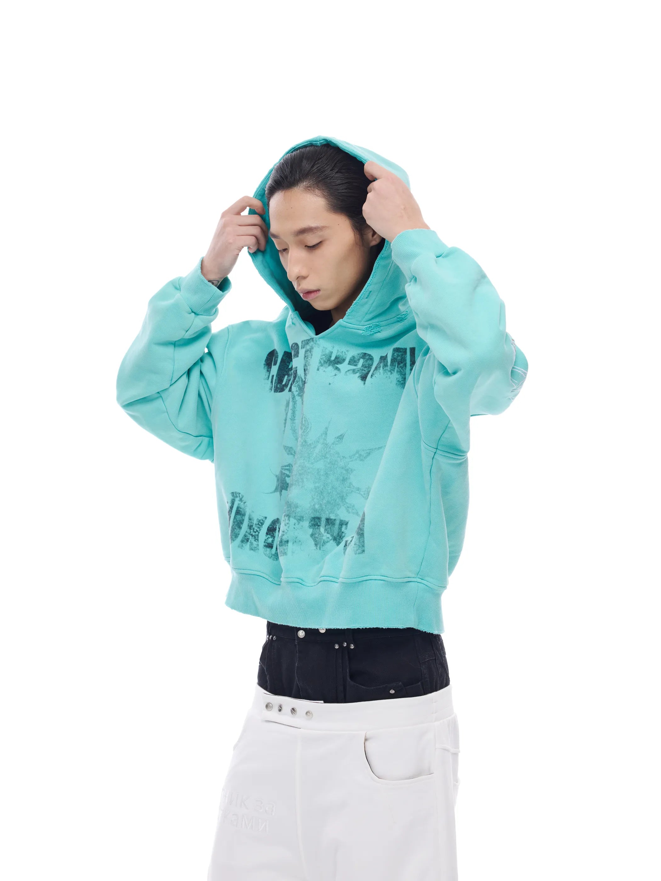 Distressed embroidered V-neck hoodie