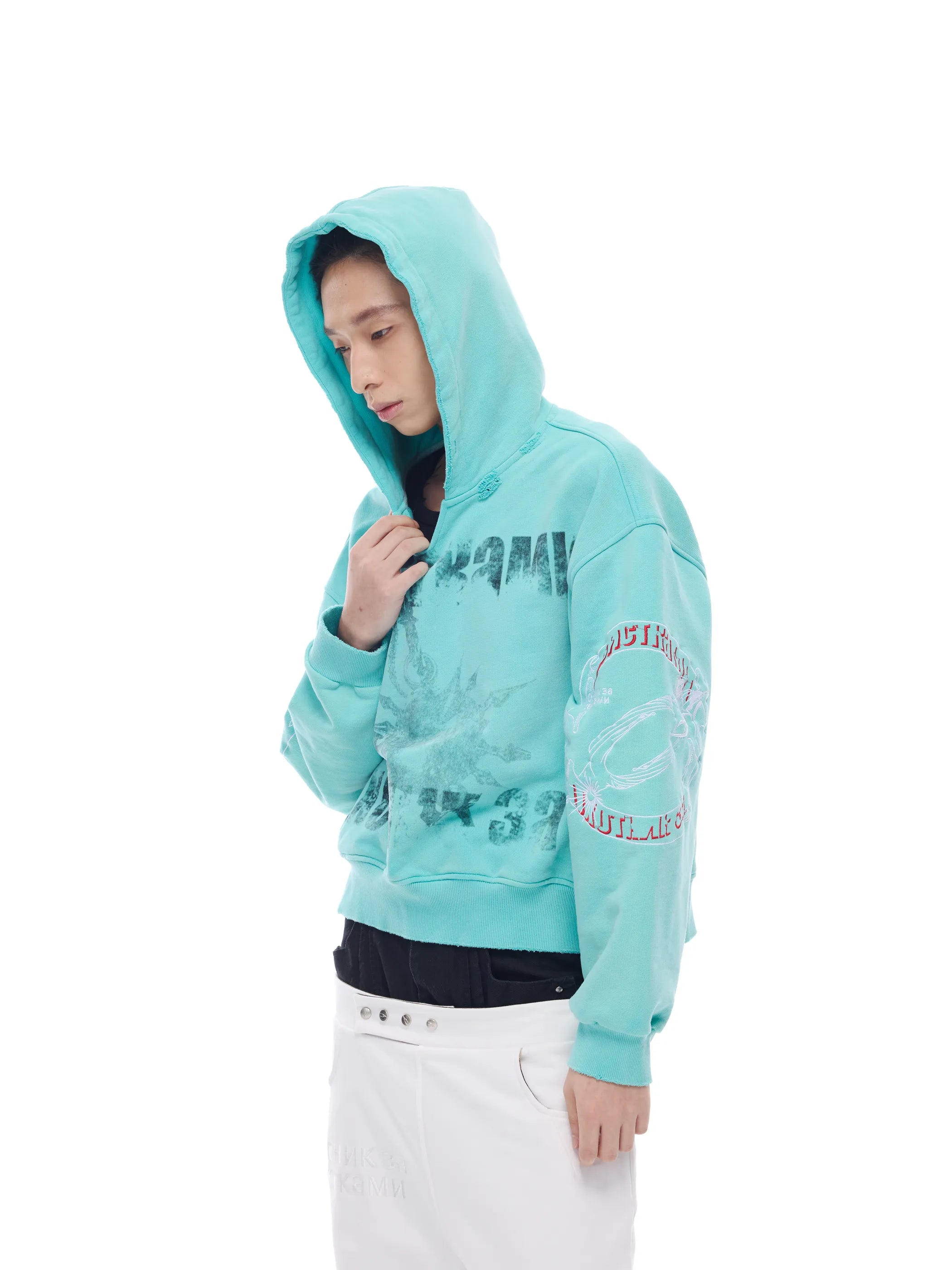 Distressed embroidered V-neck hoodie