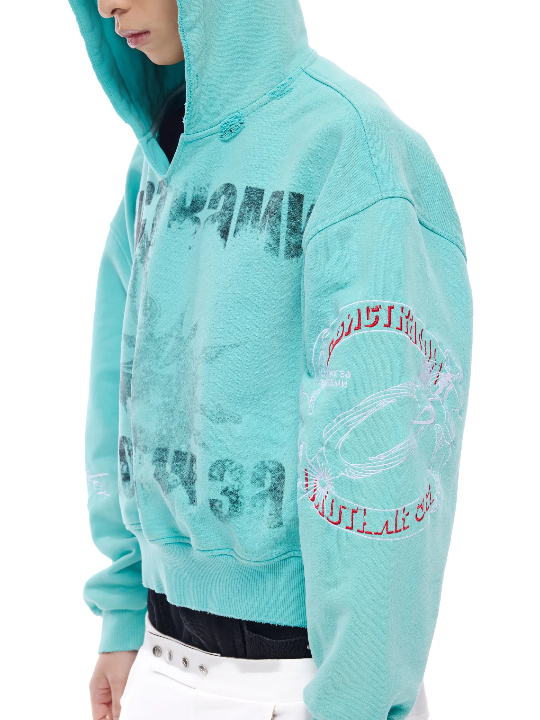 Distressed embroidered V-neck hoodie