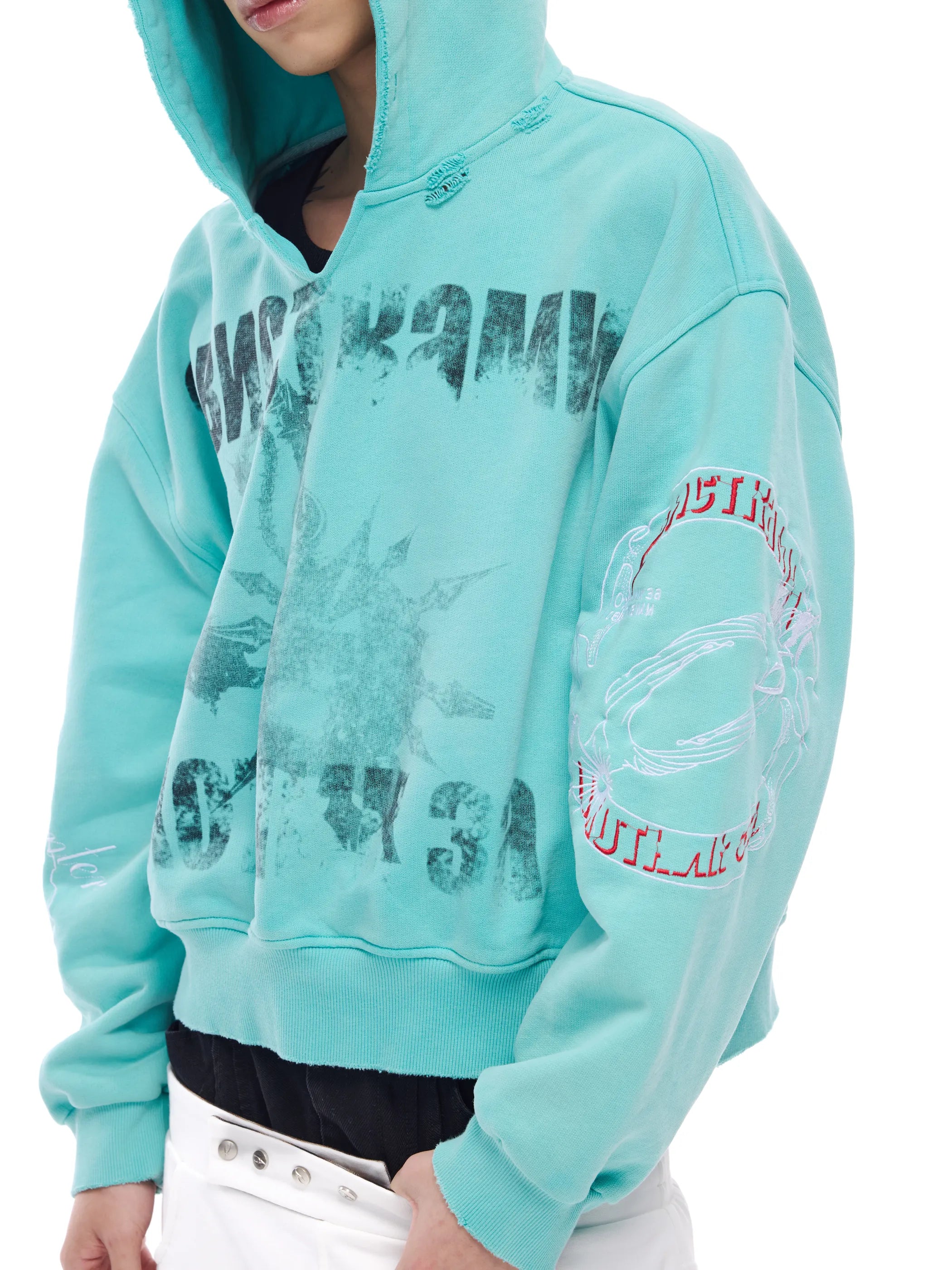 Distressed embroidered V-neck hoodie
