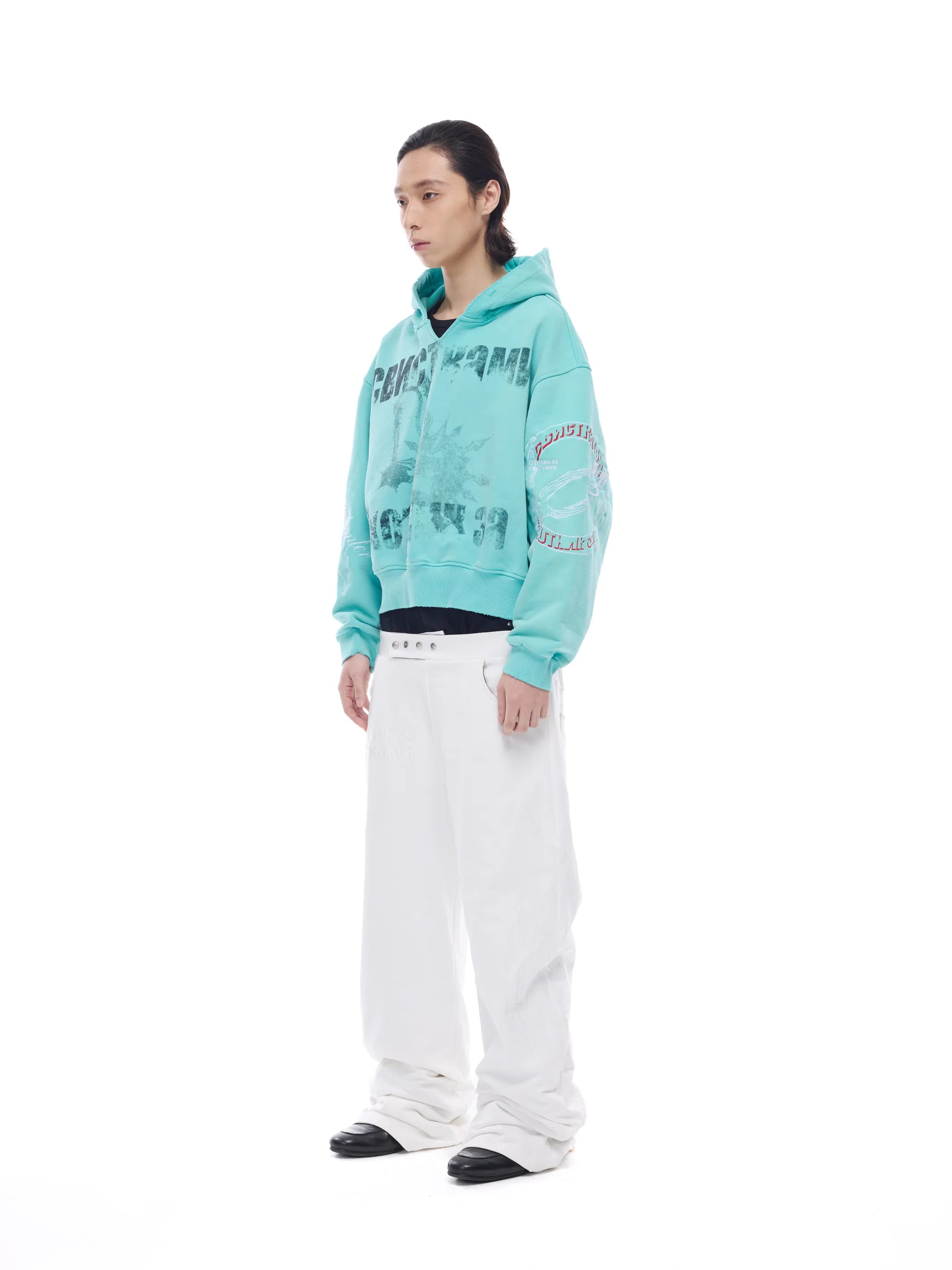 Distressed embroidered V-neck hoodie