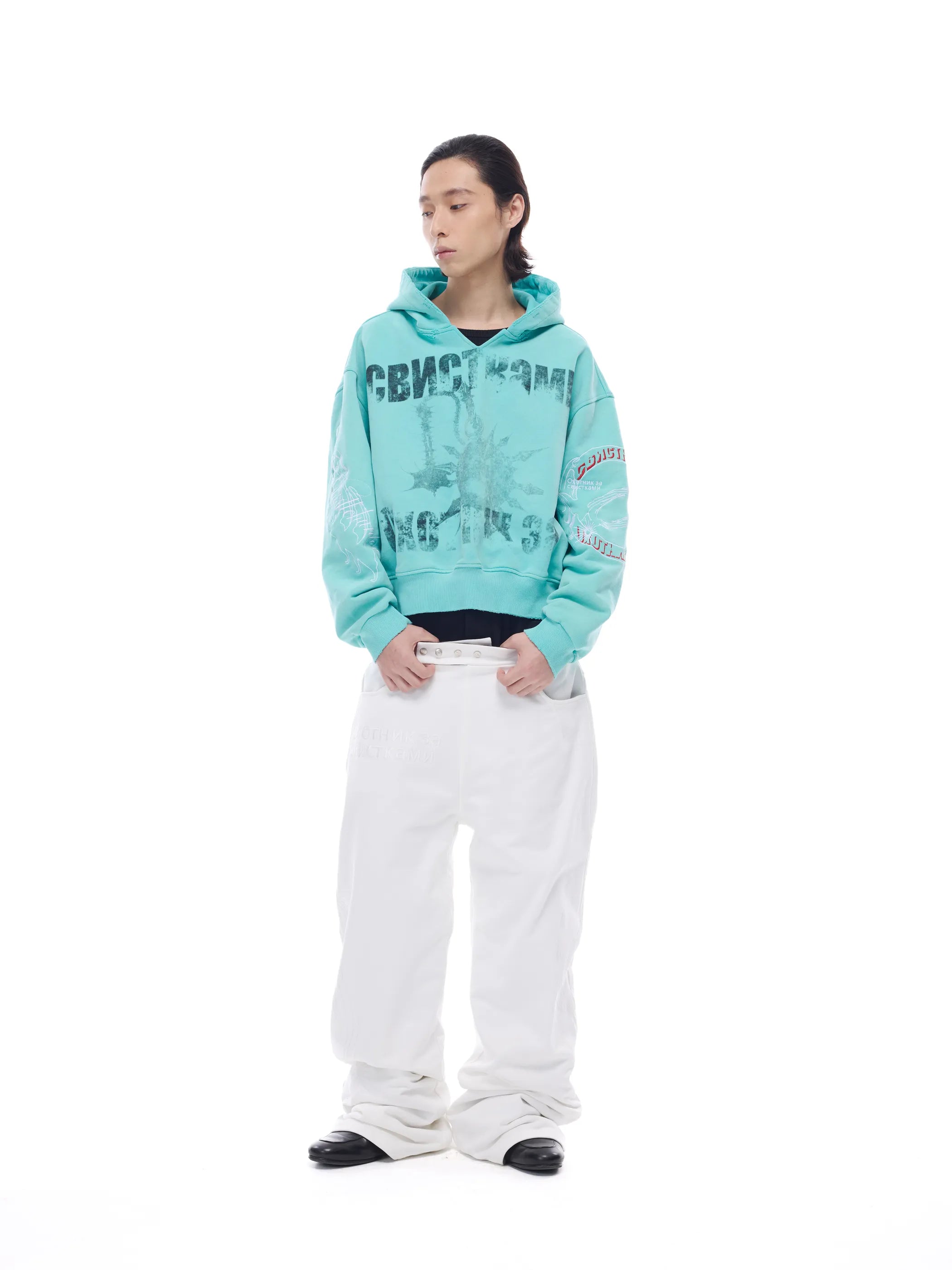 Distressed embroidered V-neck hoodie