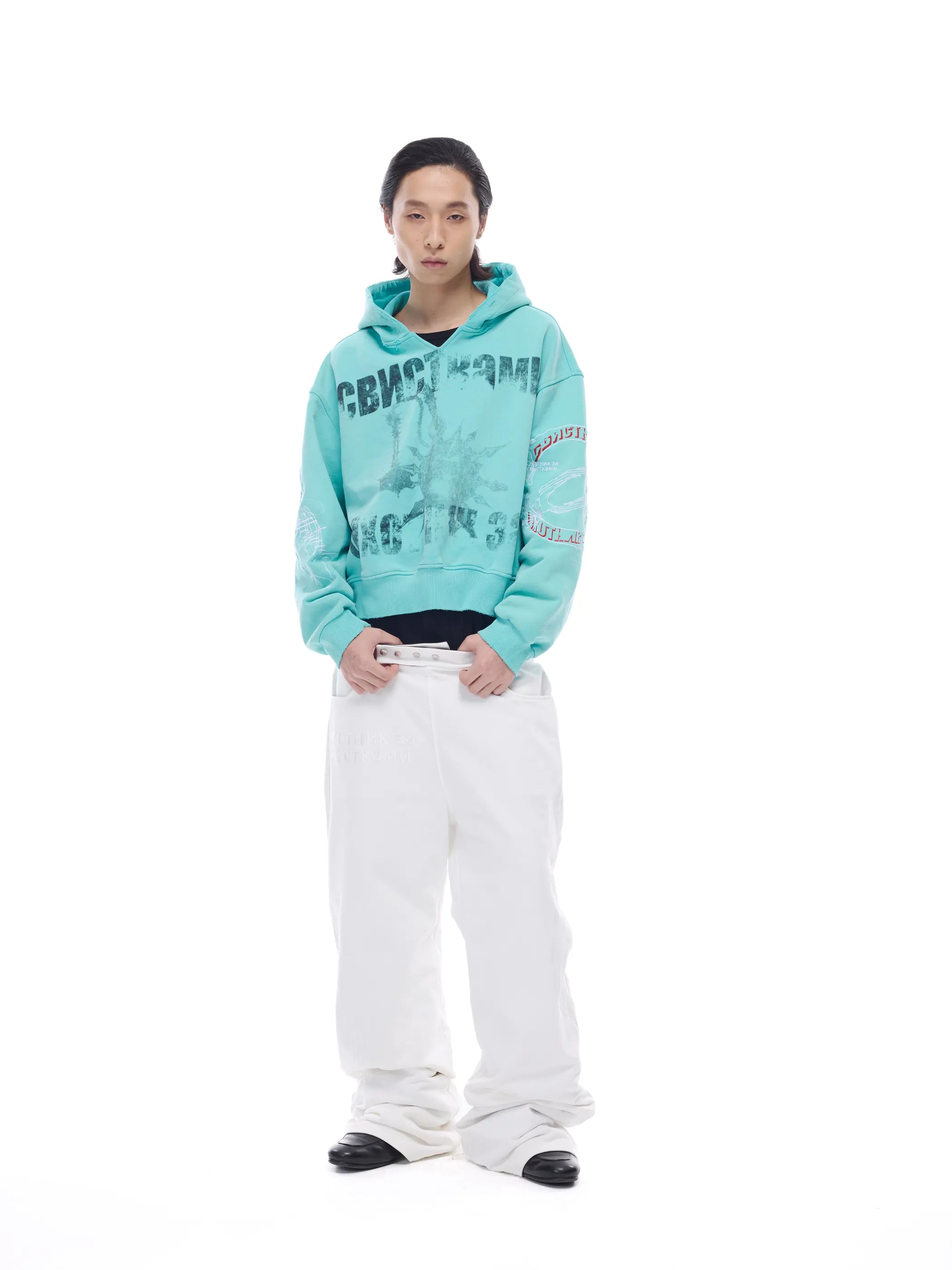 Distressed embroidered V-neck hoodie