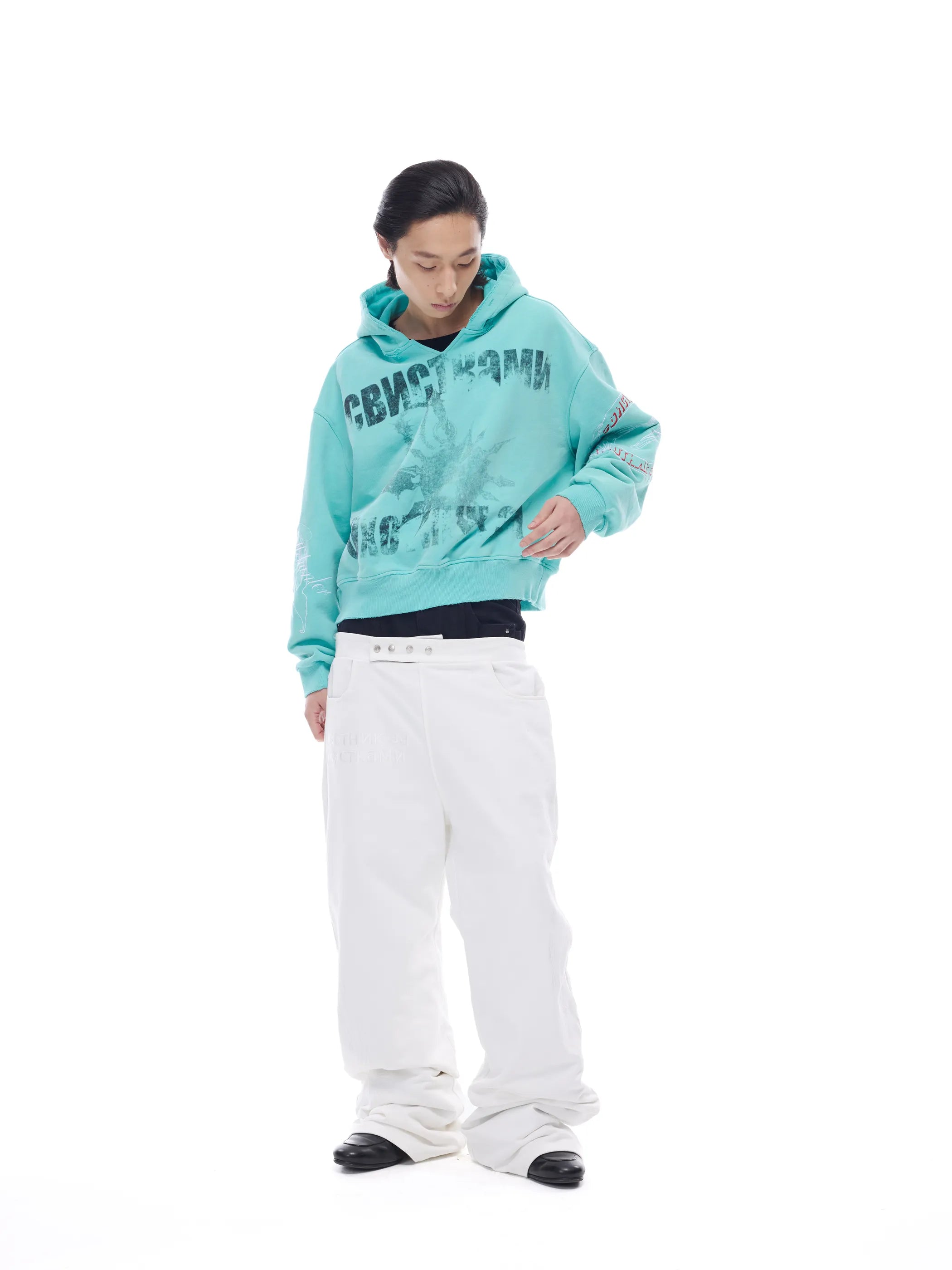 Distressed embroidered V-neck hoodie