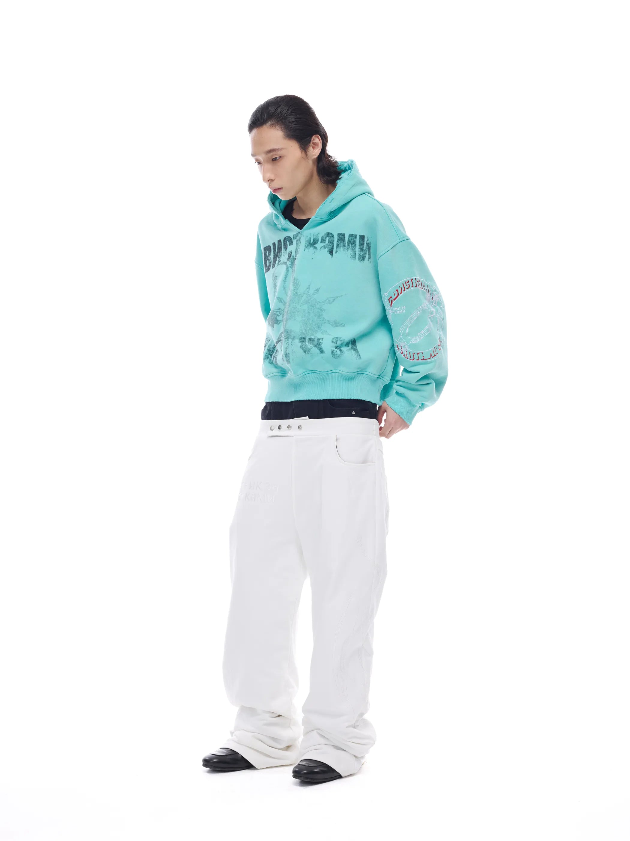Distressed embroidered V-neck hoodie