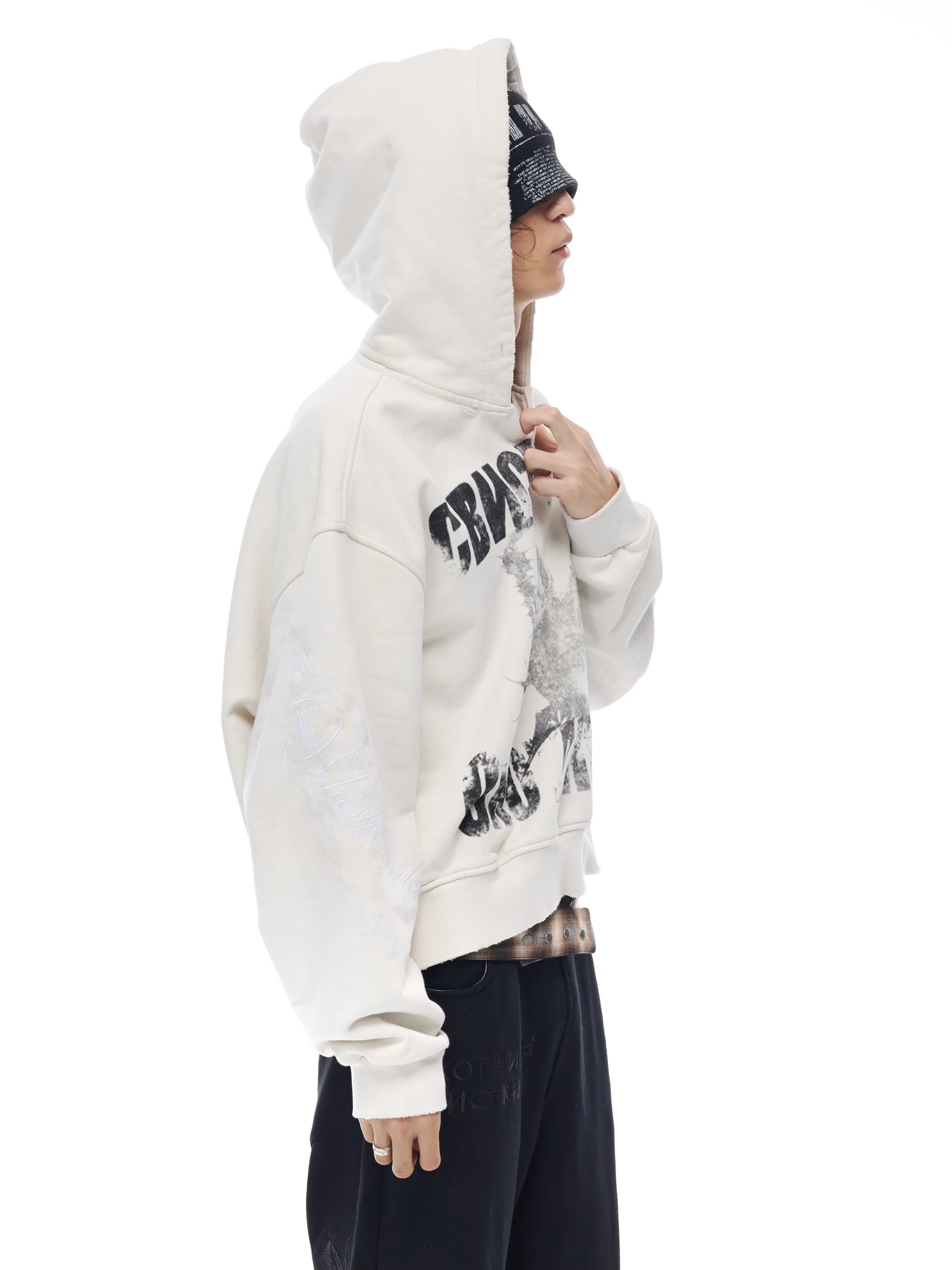 Distressed embroidered V-neck hoodie