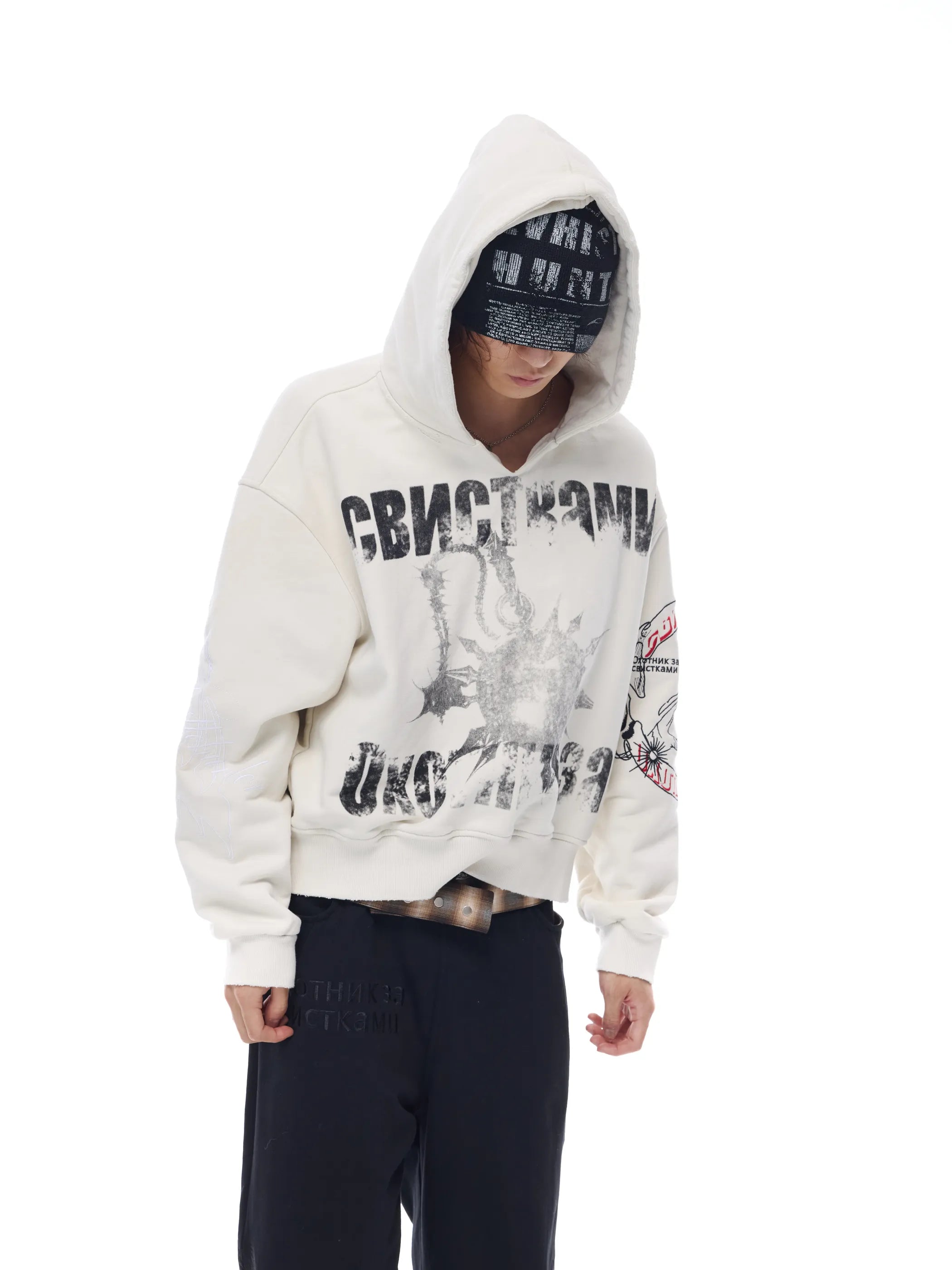 Distressed embroidered V-neck hoodie