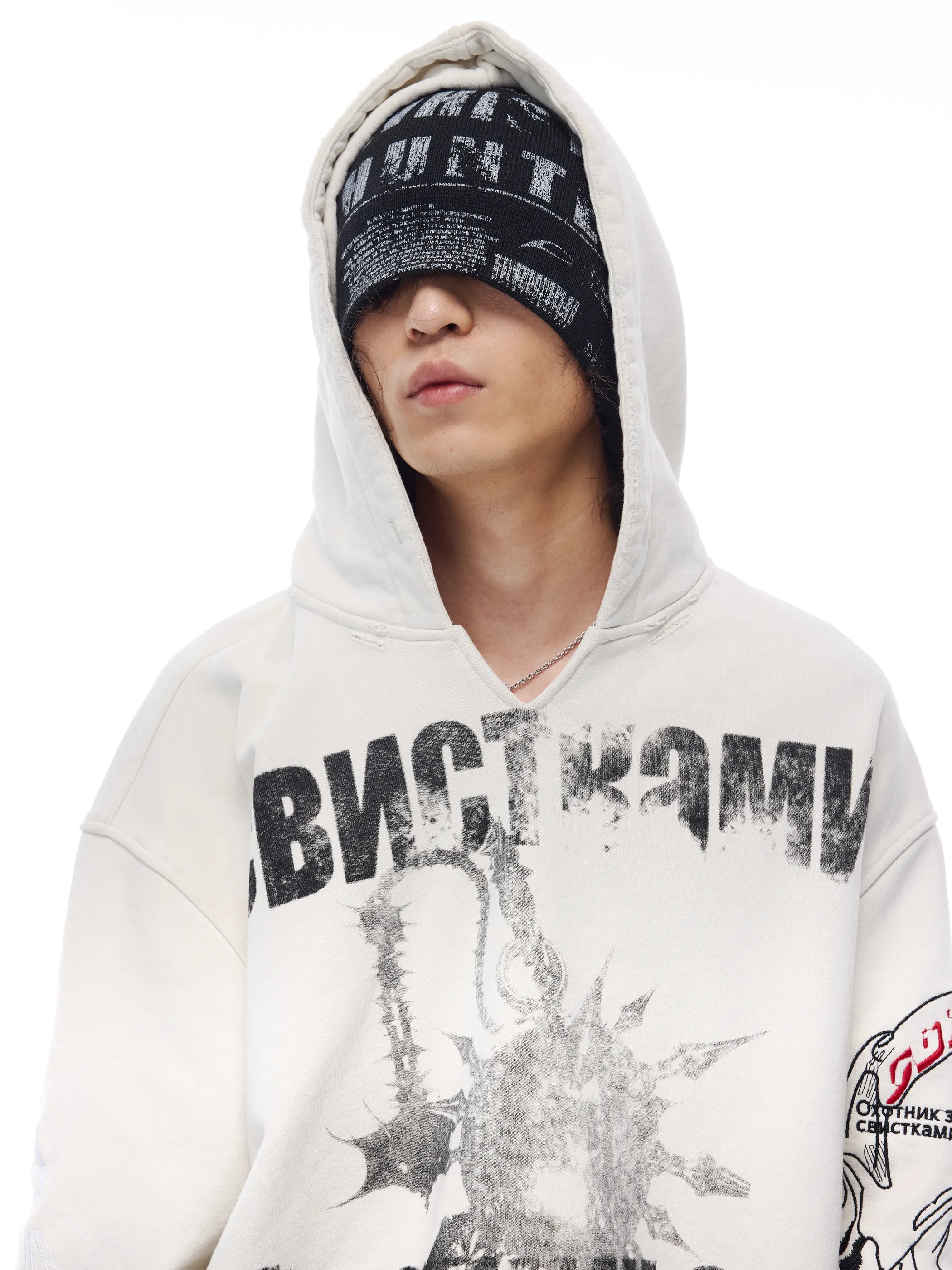 Distressed embroidered V-neck hoodie