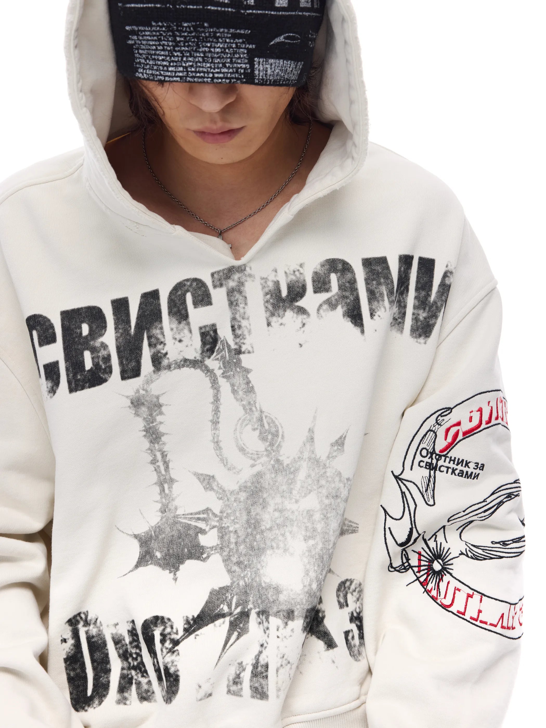 Distressed embroidered V-neck hoodie