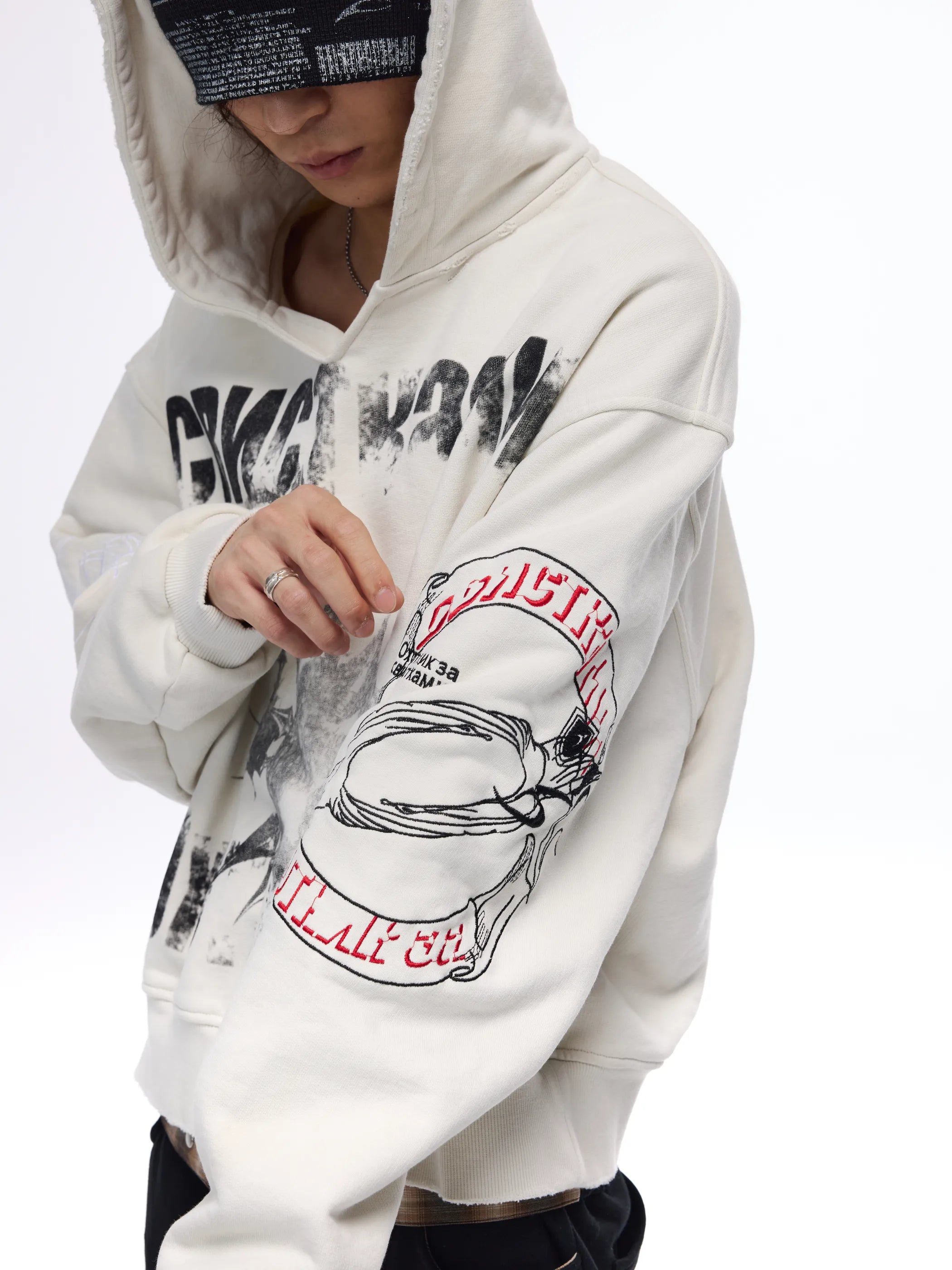 Distressed embroidered V-neck hoodie
