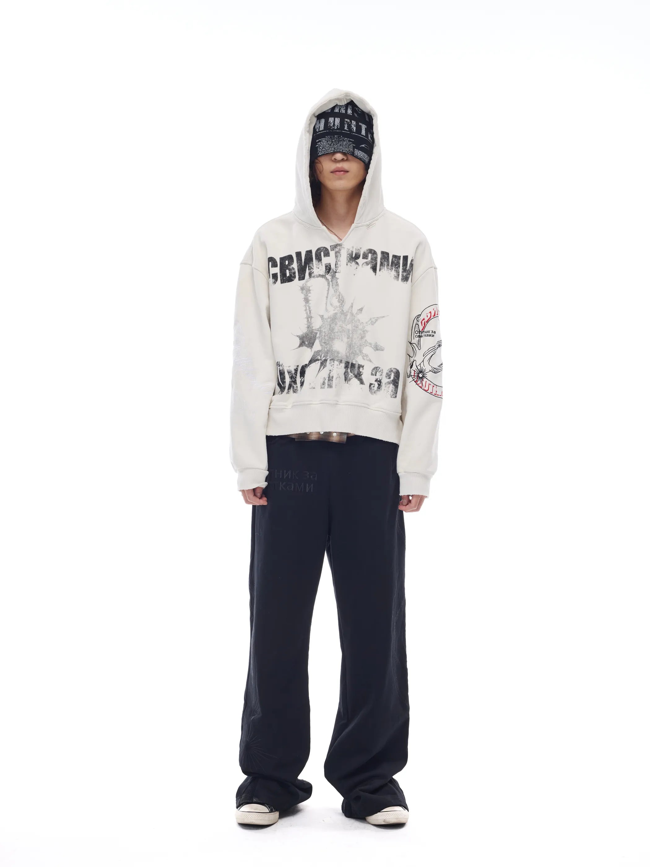 Distressed embroidered V-neck hoodie