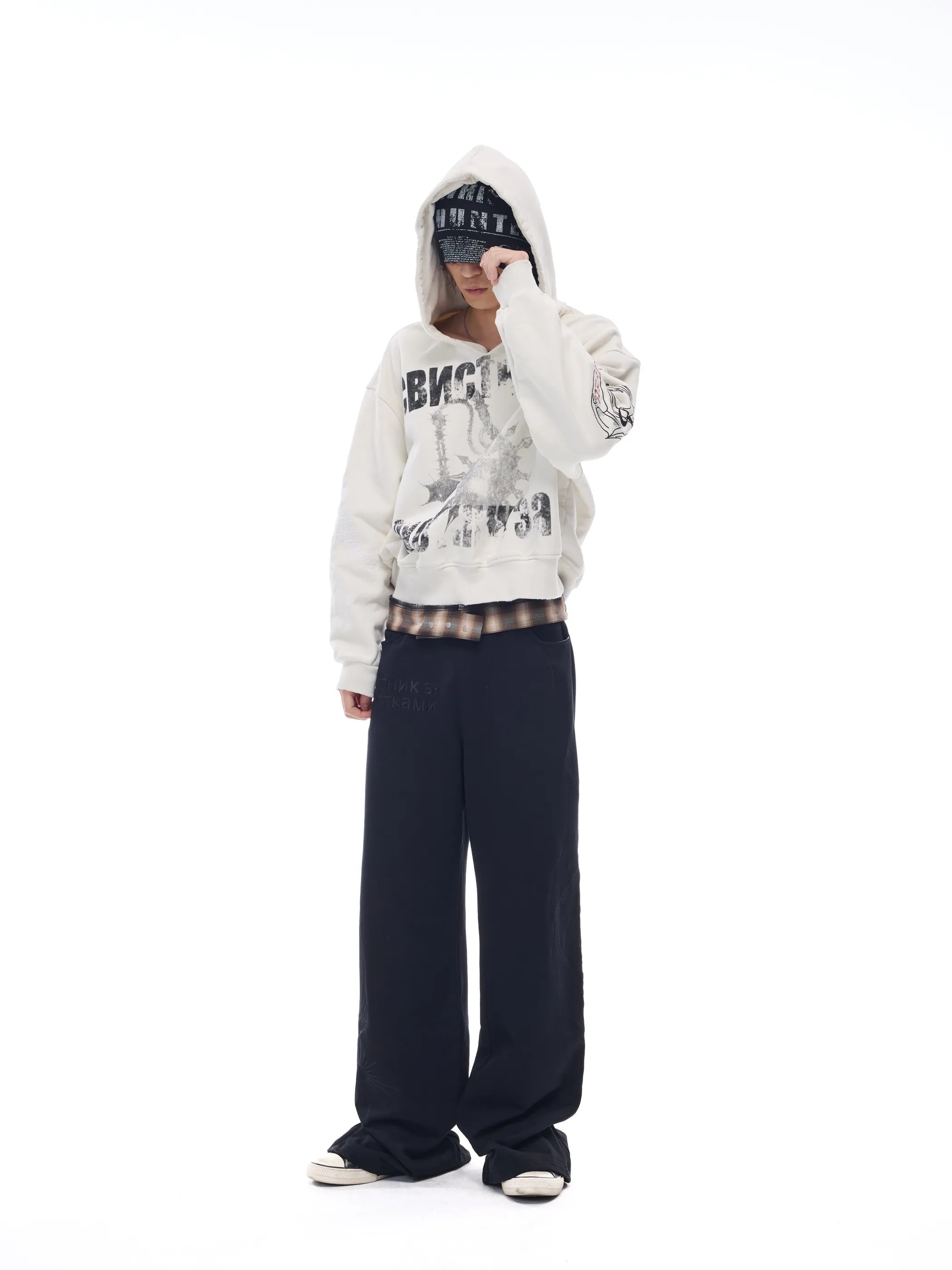 Distressed embroidered V-neck hoodie
