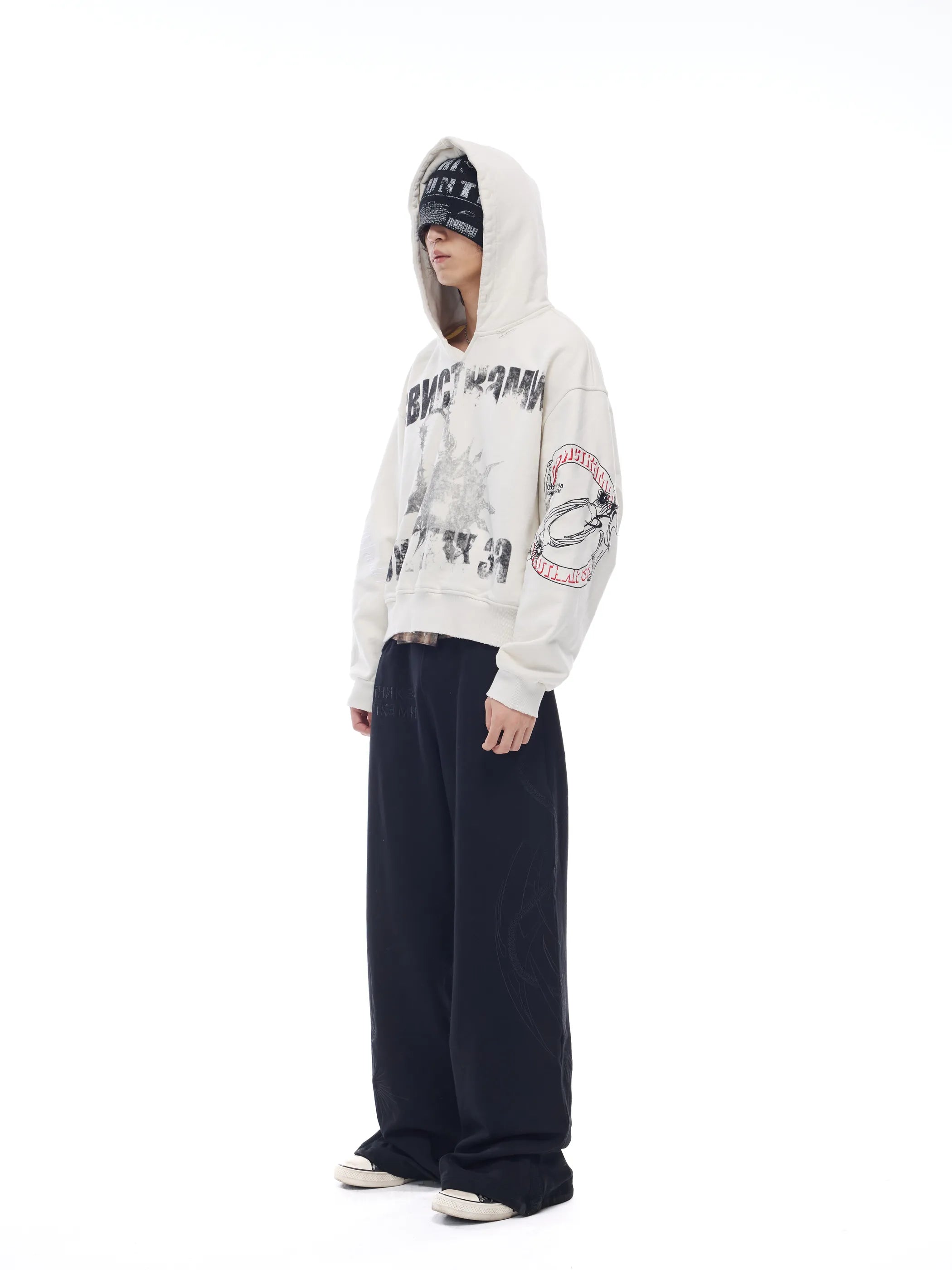 Distressed embroidered V-neck hoodie