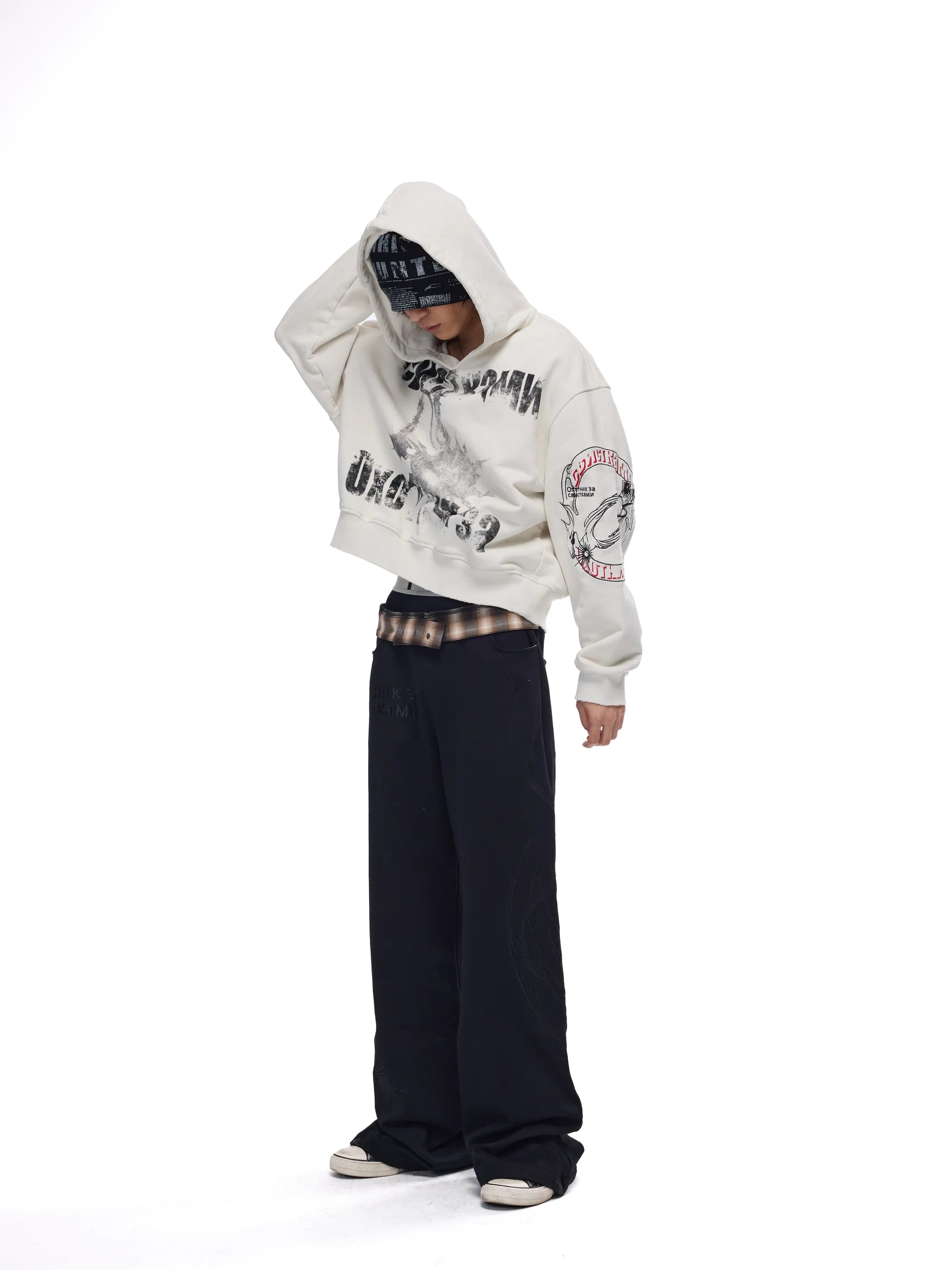 Distressed embroidered V-neck hoodie
