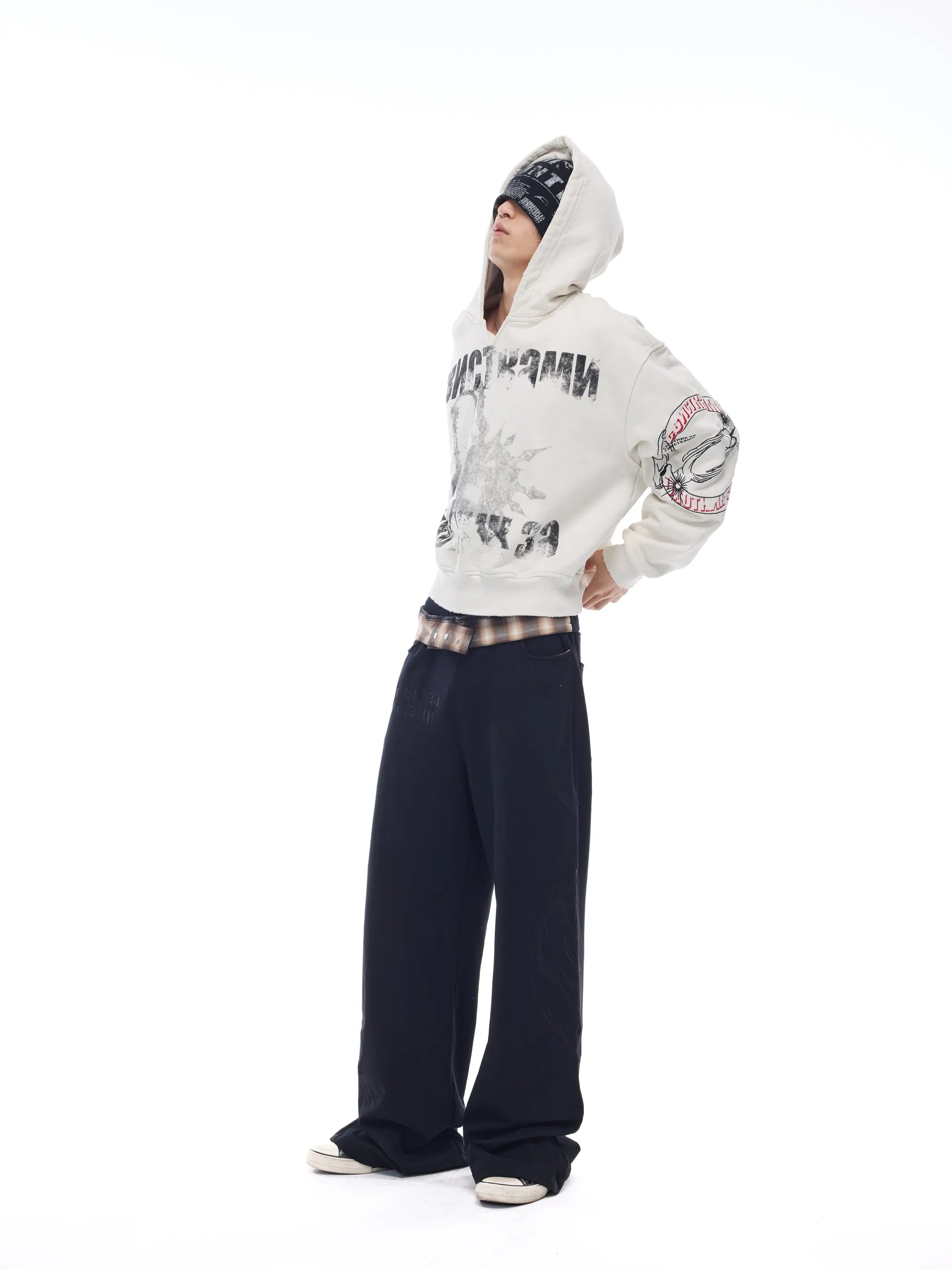Distressed embroidered V-neck hoodie