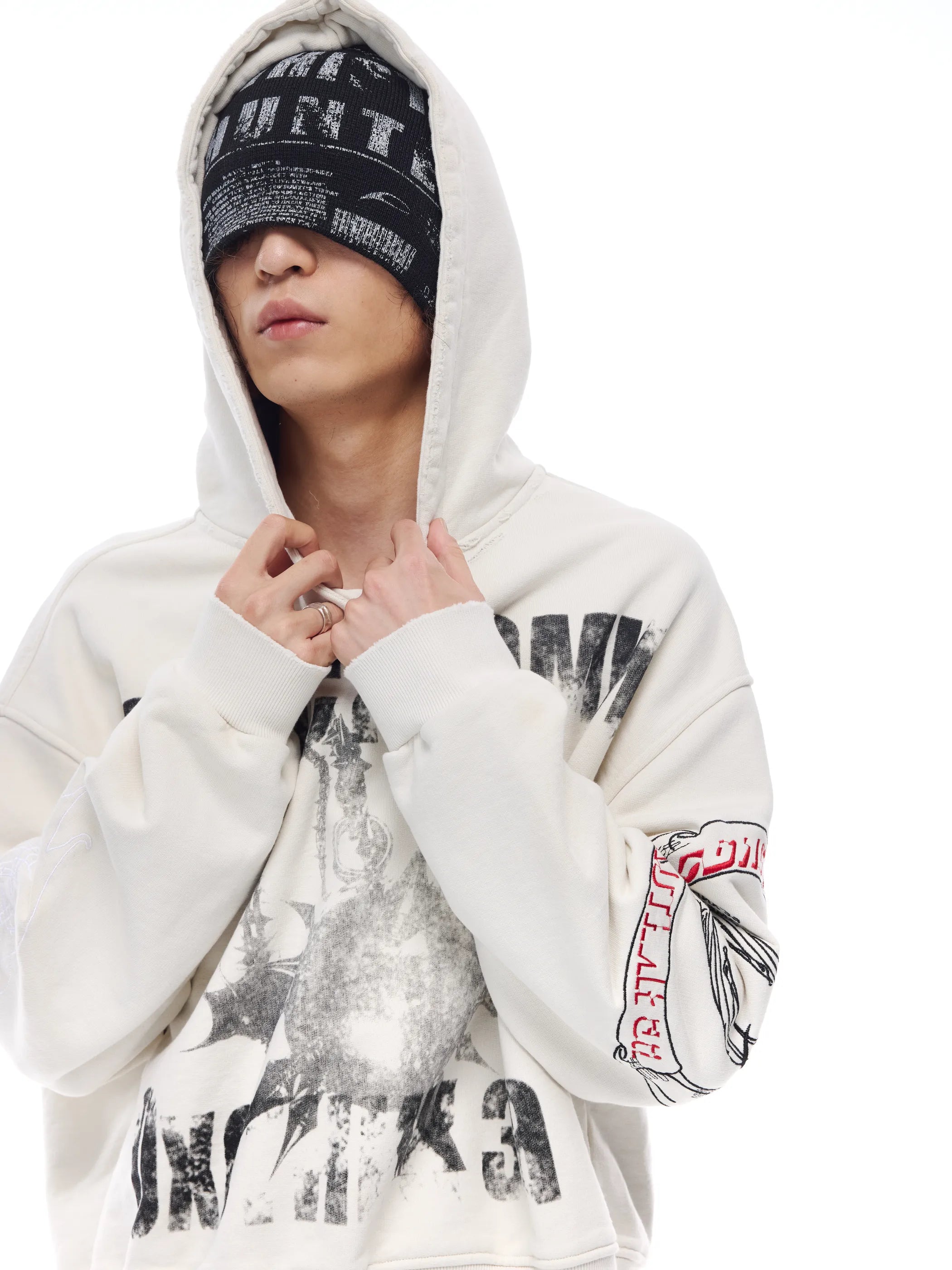 Distressed embroidered V-neck hoodie