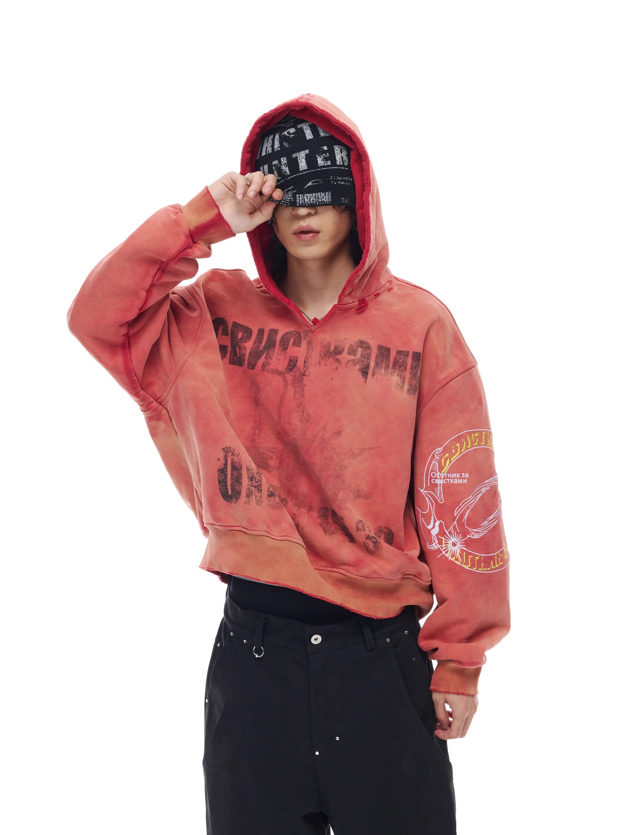 Distressed embroidered V-neck hoodie
