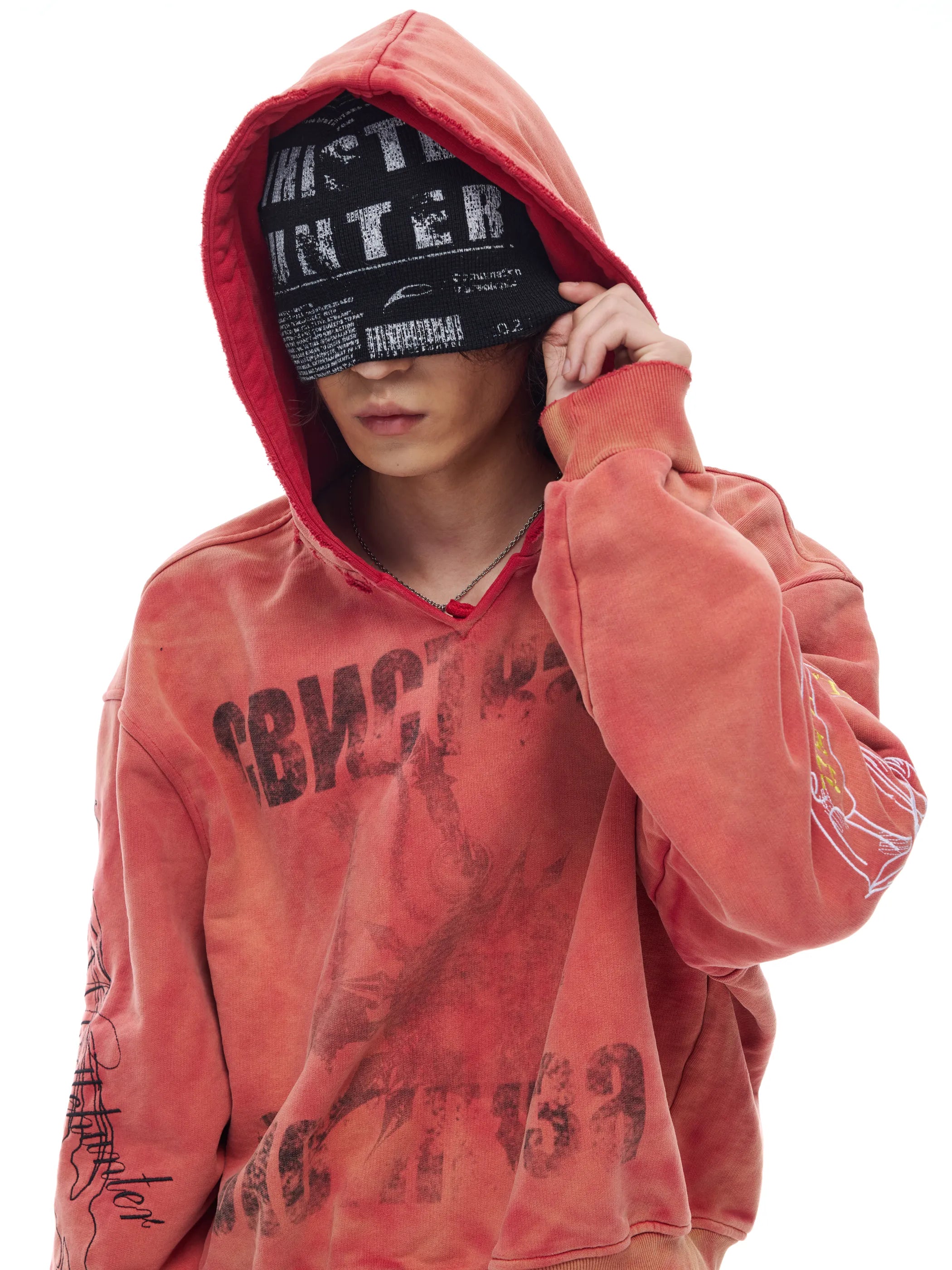 Distressed embroidered V-neck hoodie