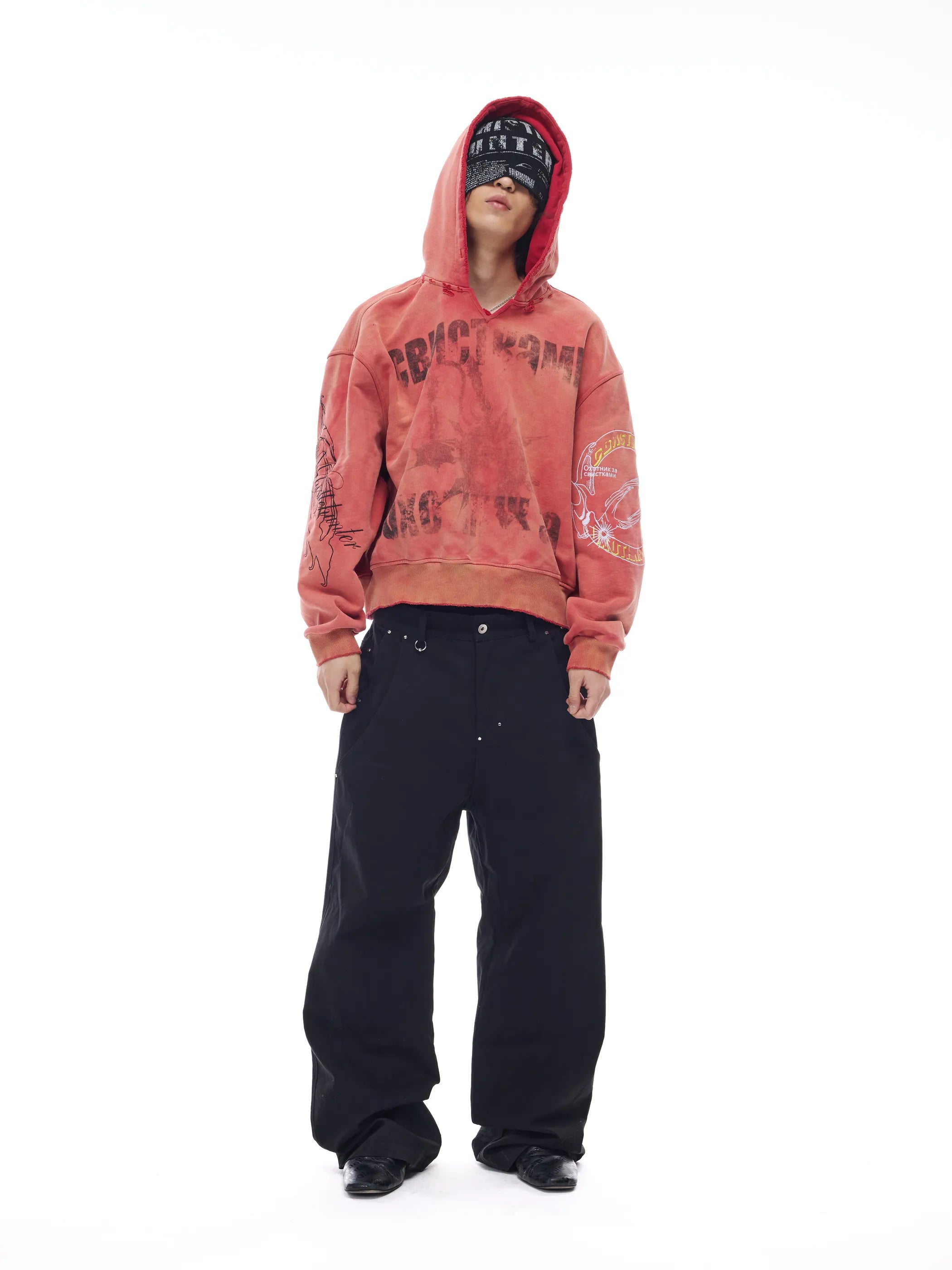 Distressed embroidered V-neck hoodie