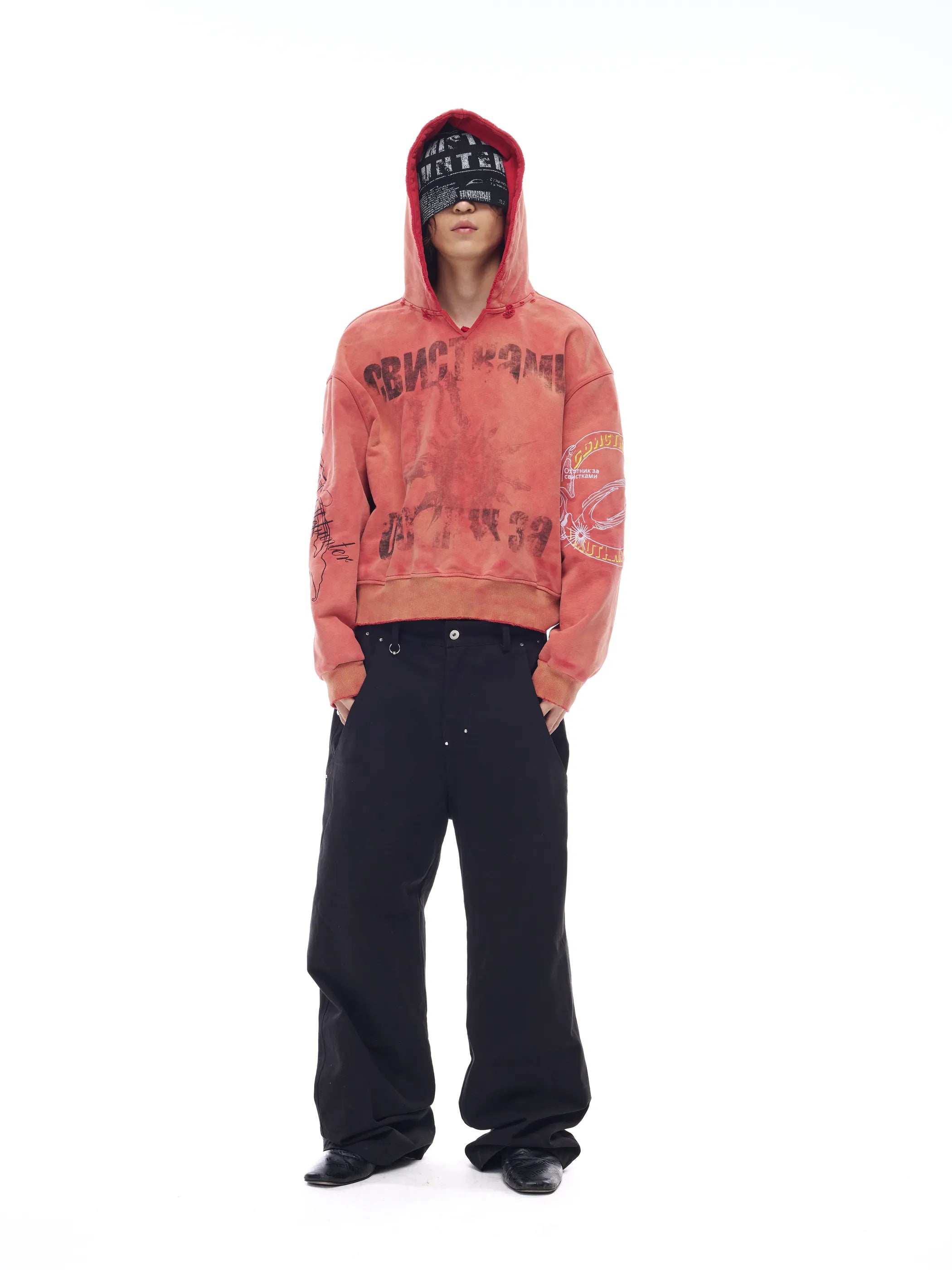 Distressed embroidered V-neck hoodie