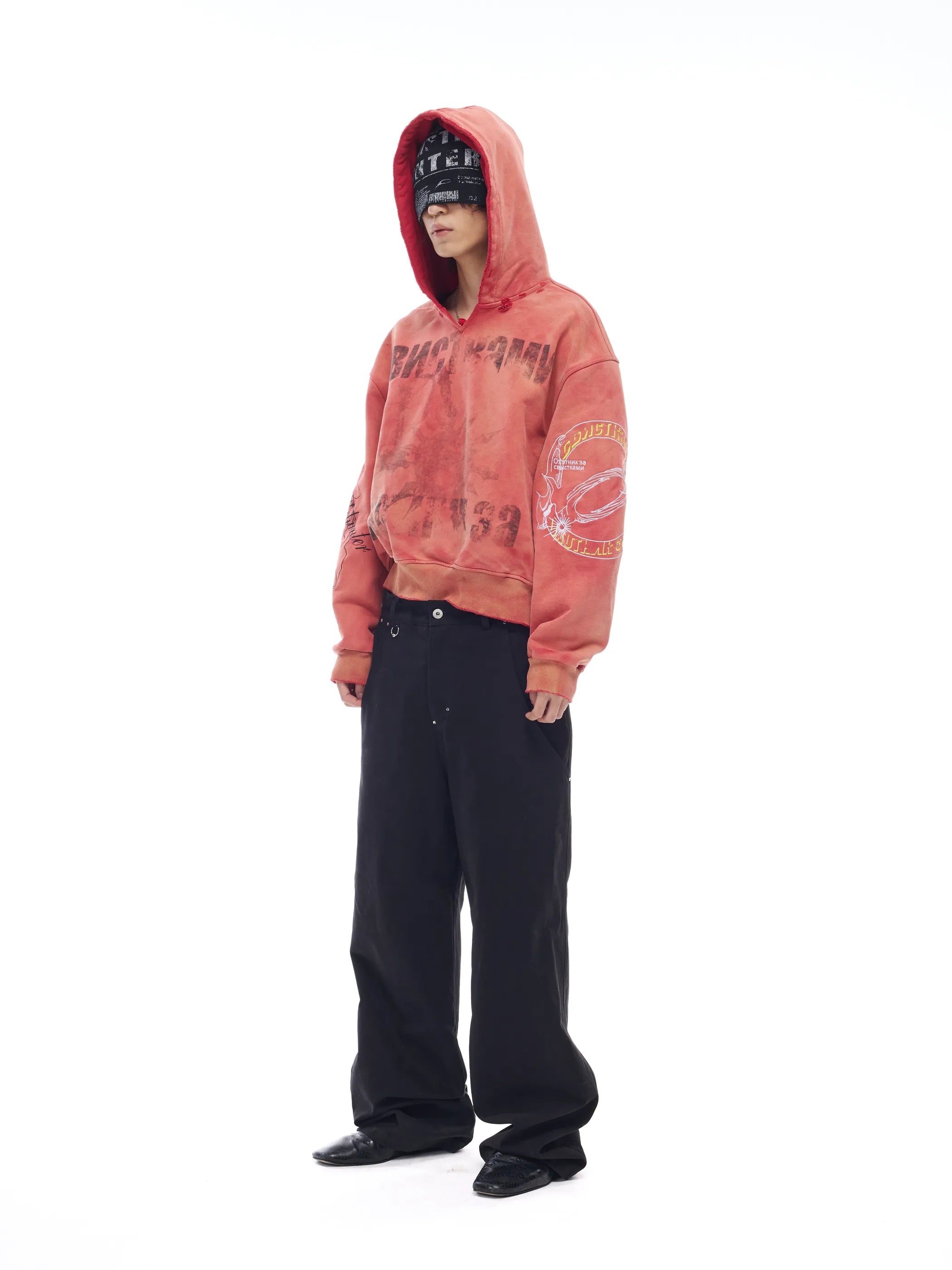 Distressed embroidered V-neck hoodie