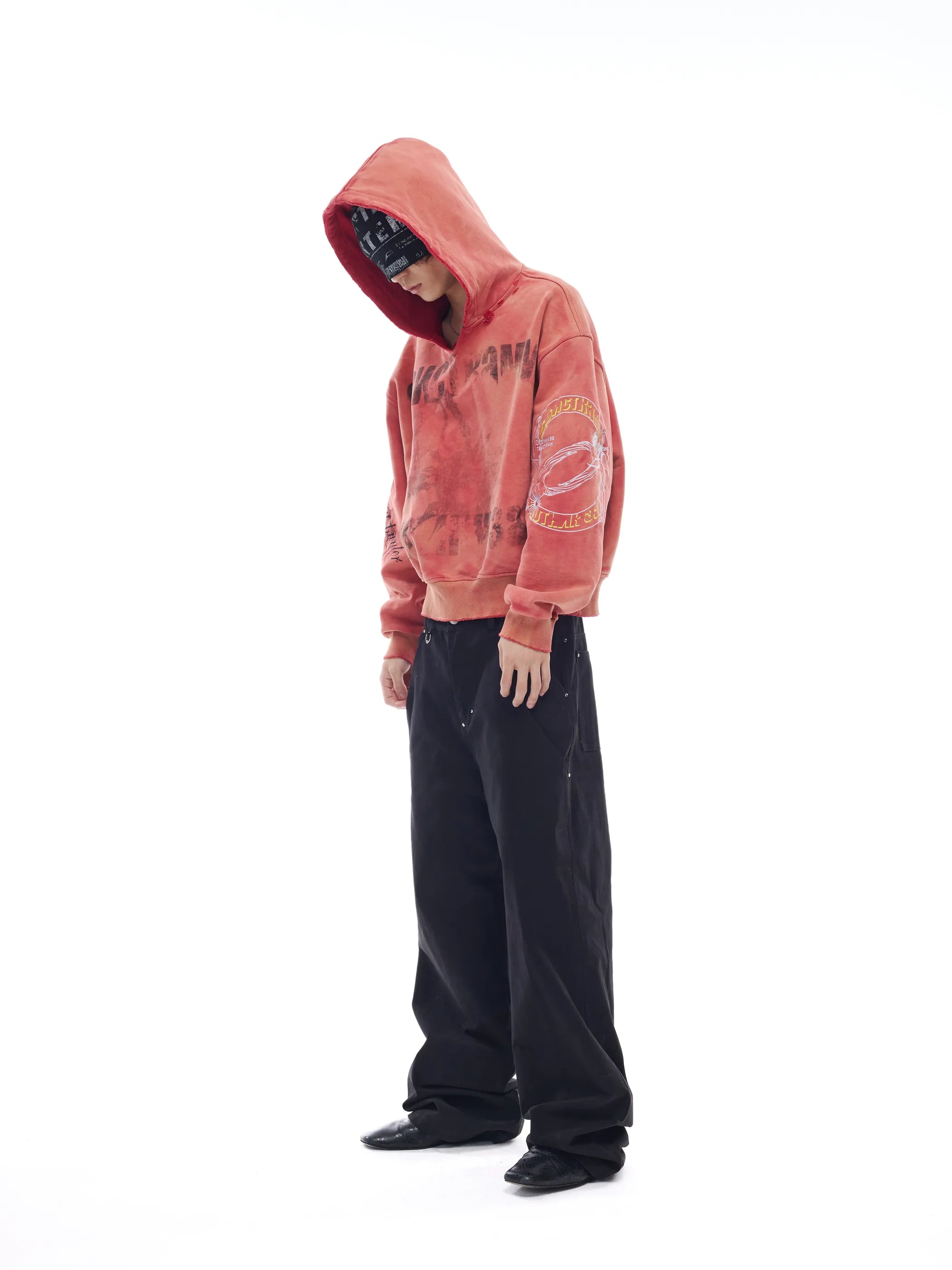 Distressed embroidered V-neck hoodie