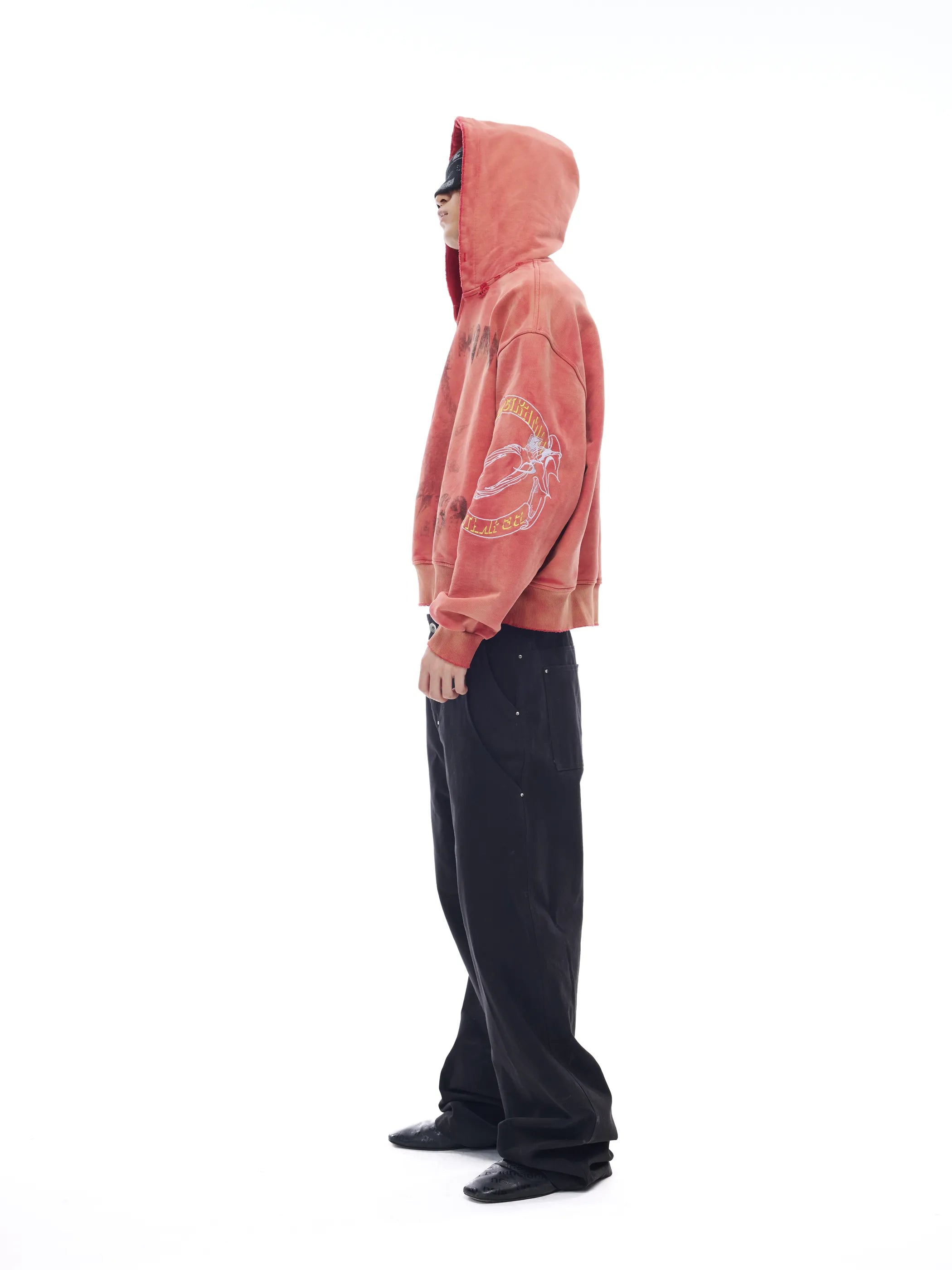 Distressed embroidered V-neck hoodie