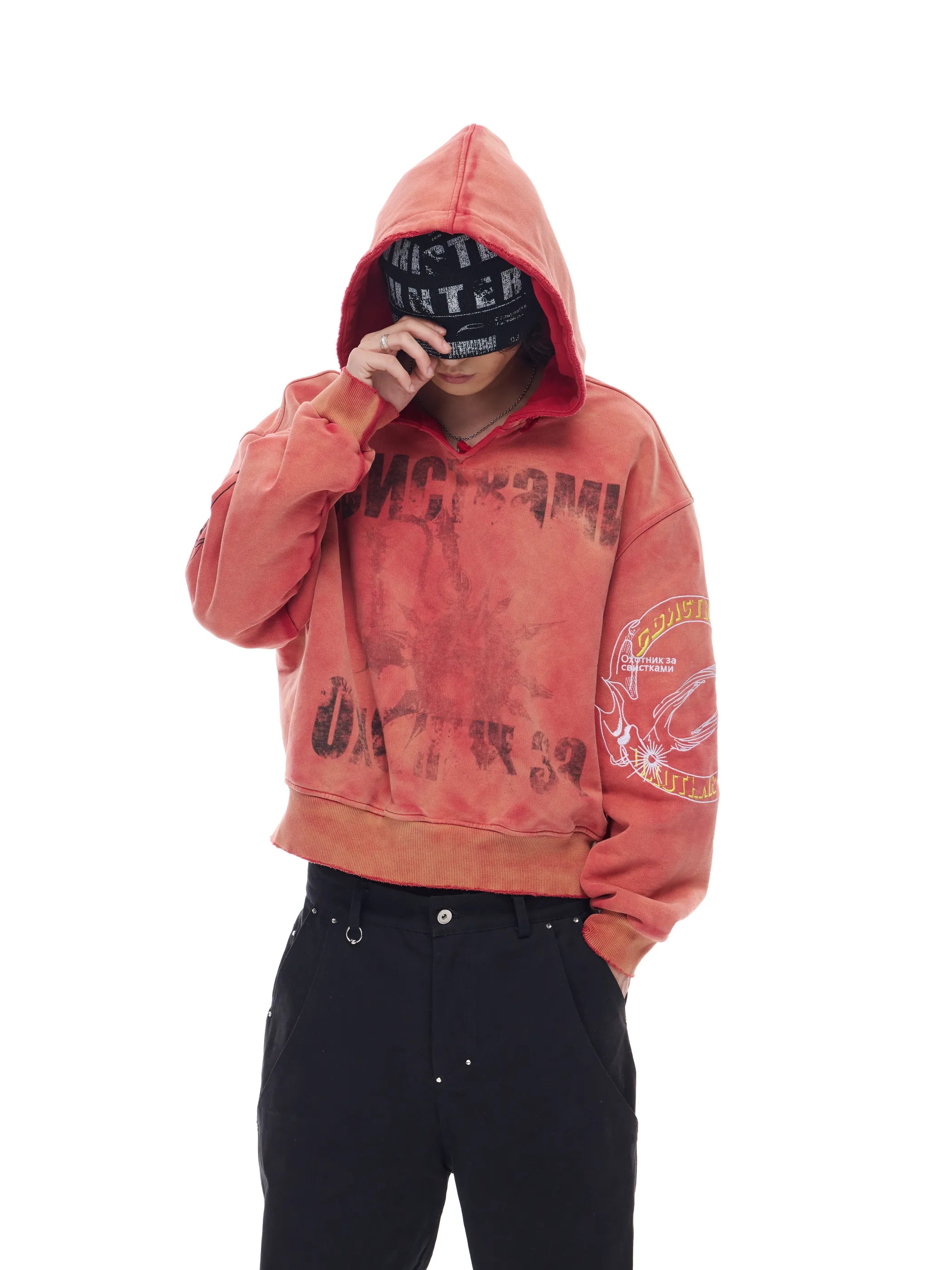 Distressed embroidered V-neck hoodie