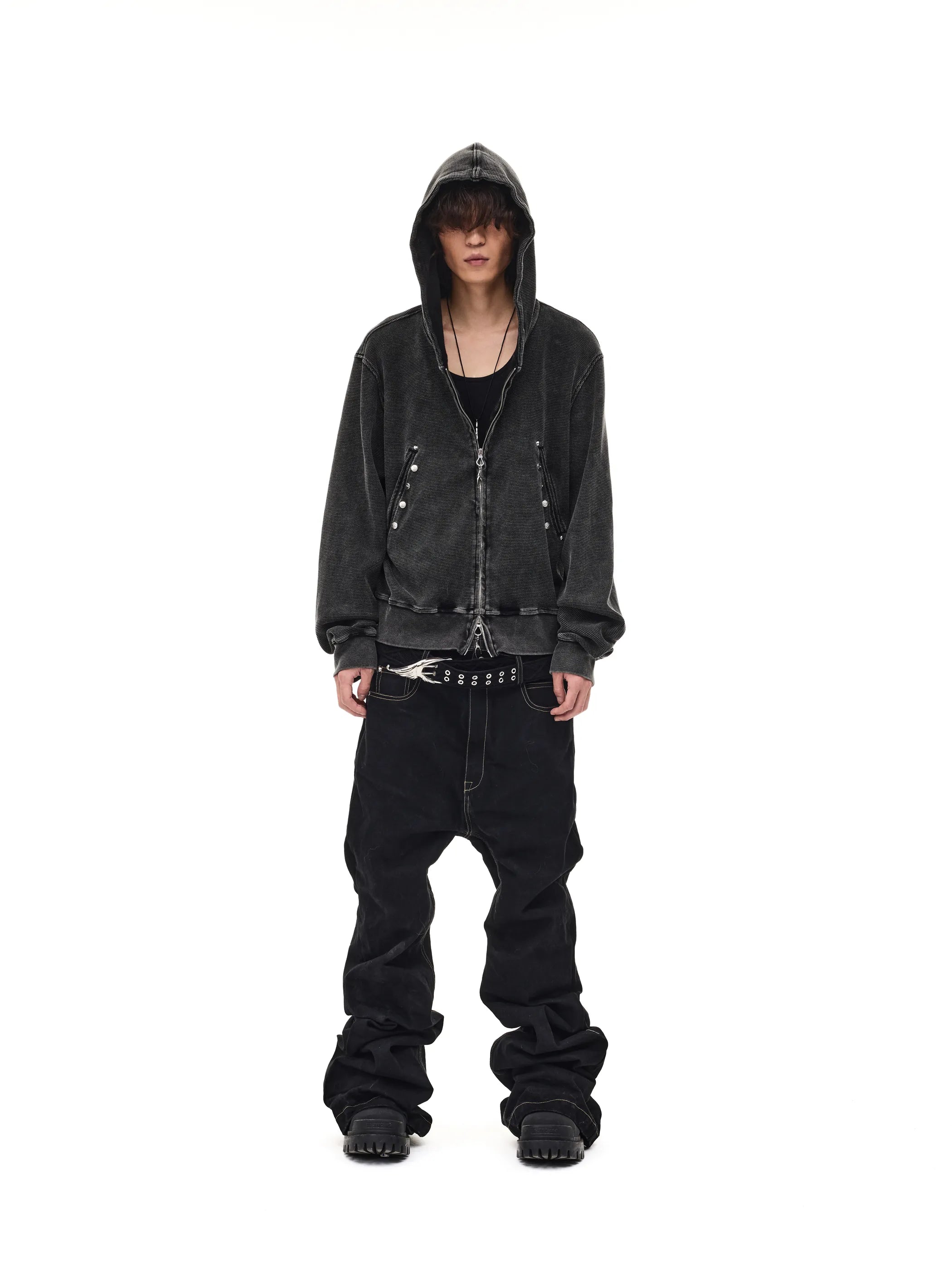 Distressed rivet-detailed hooded sweatshirt