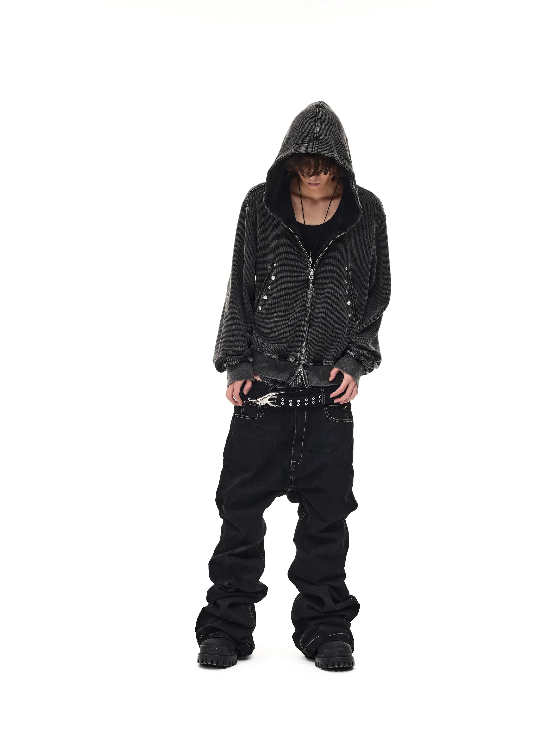 Distressed rivet-detailed hooded sweatshirt