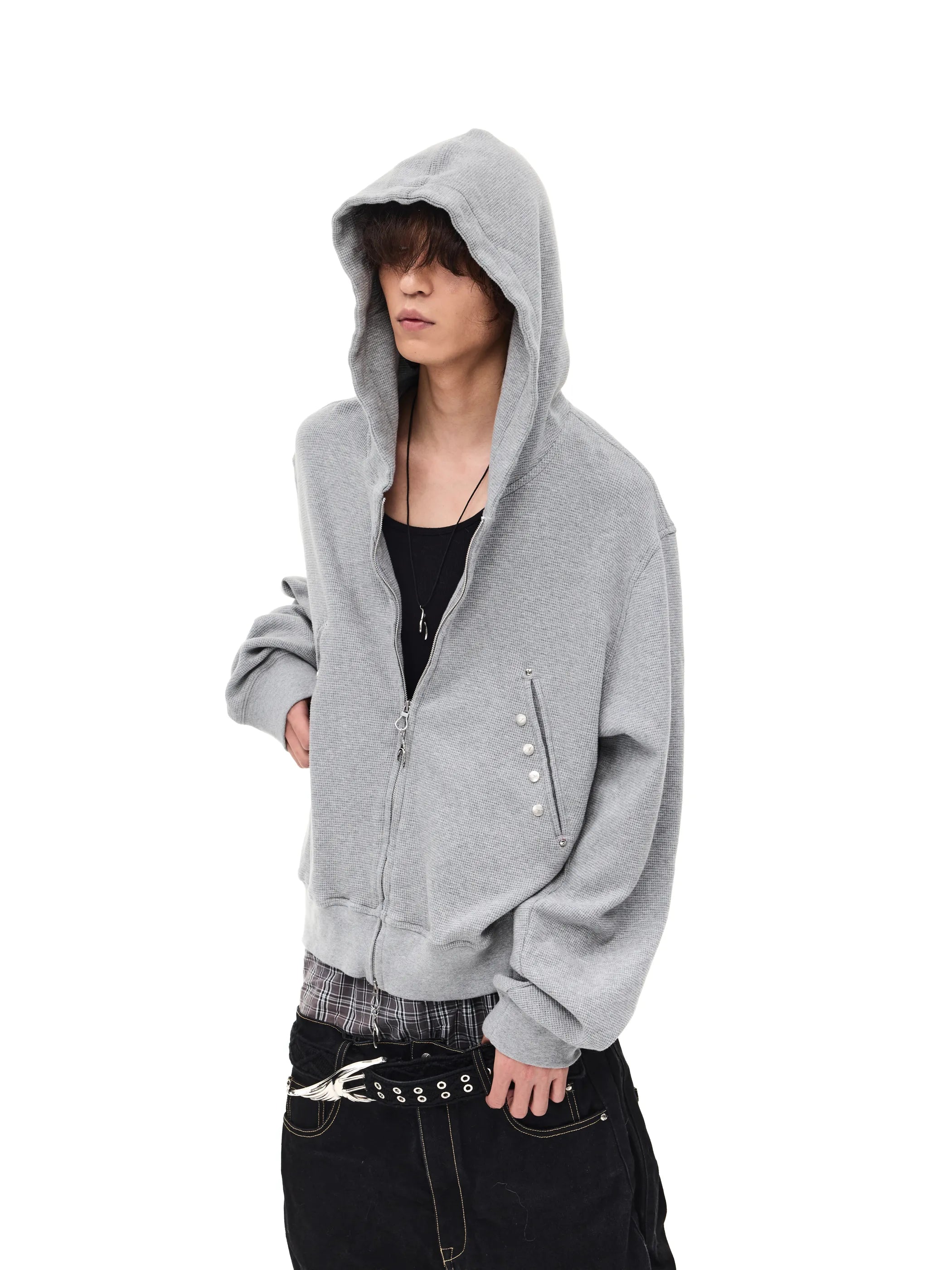 Distressed rivet-detailed hooded sweatshirt