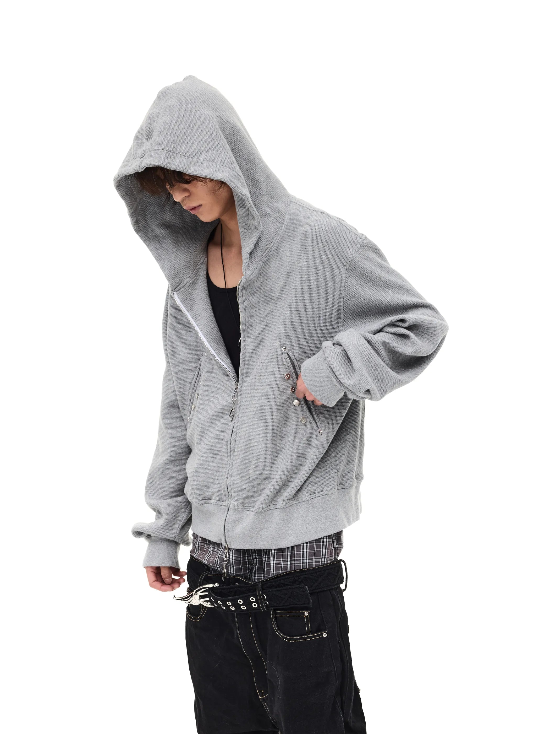Distressed rivet-detailed hooded sweatshirt