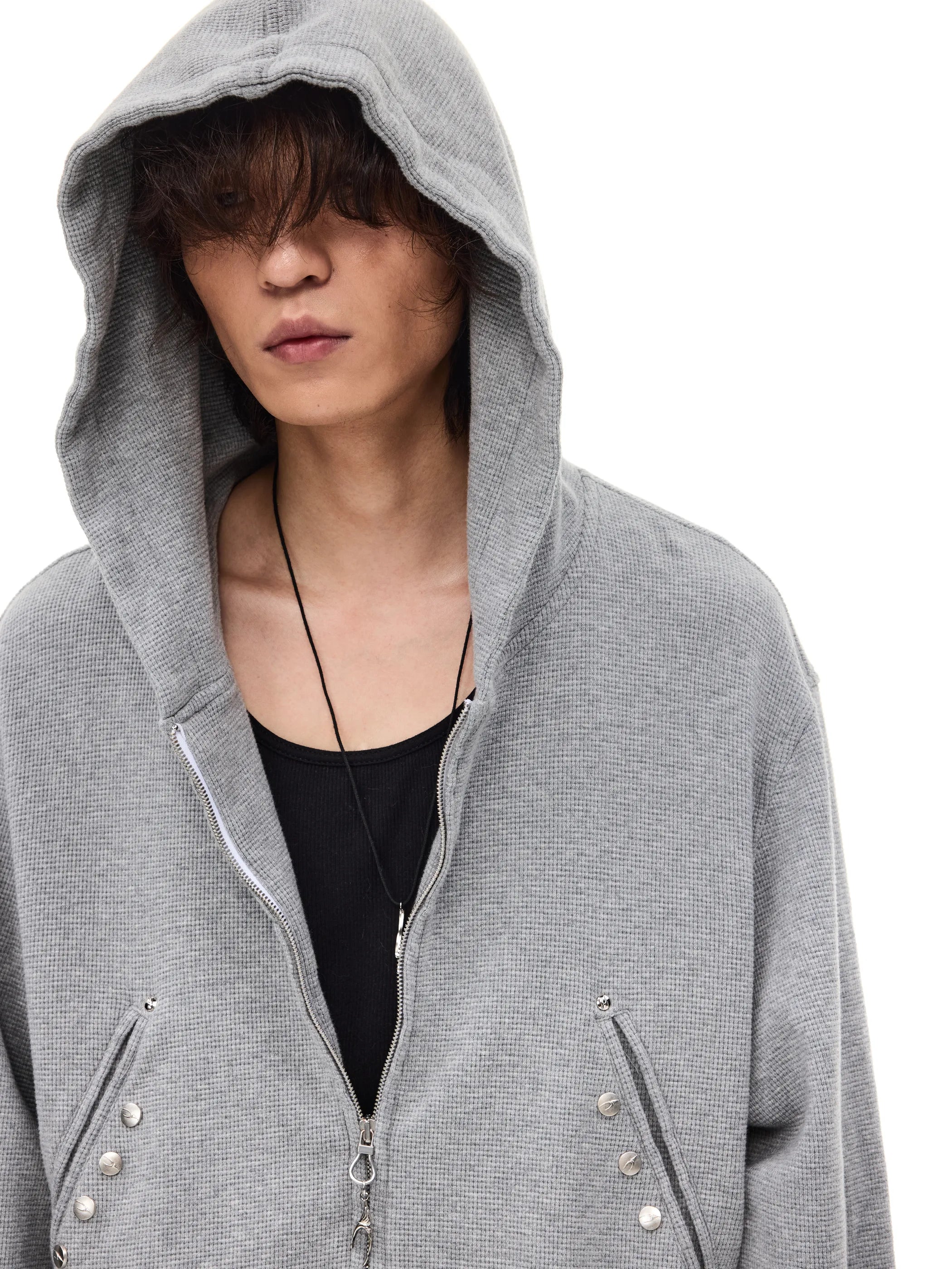 Distressed rivet-detailed hooded sweatshirt