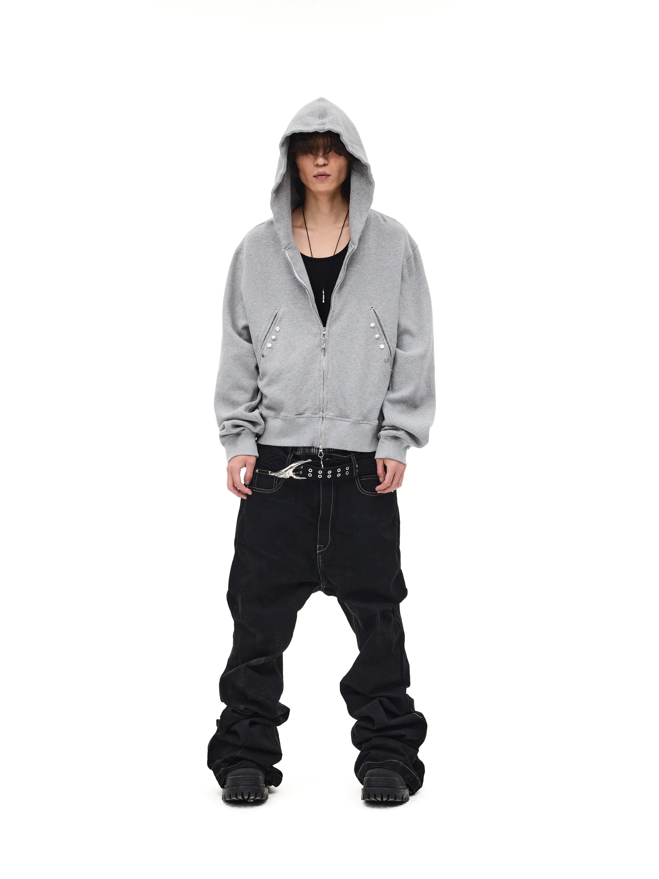 Distressed rivet-detailed hooded sweatshirt