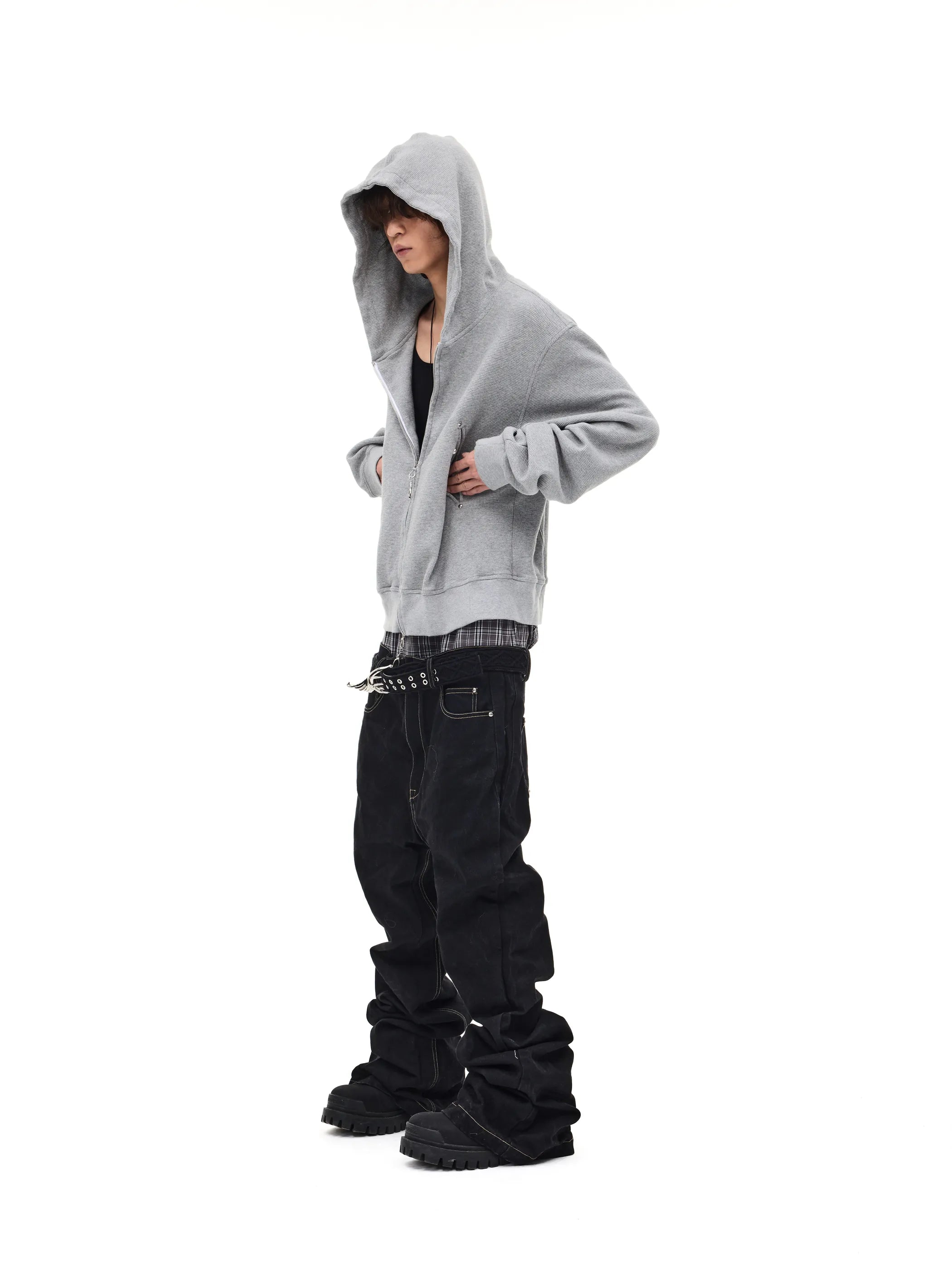 Distressed rivet-detailed hooded sweatshirt