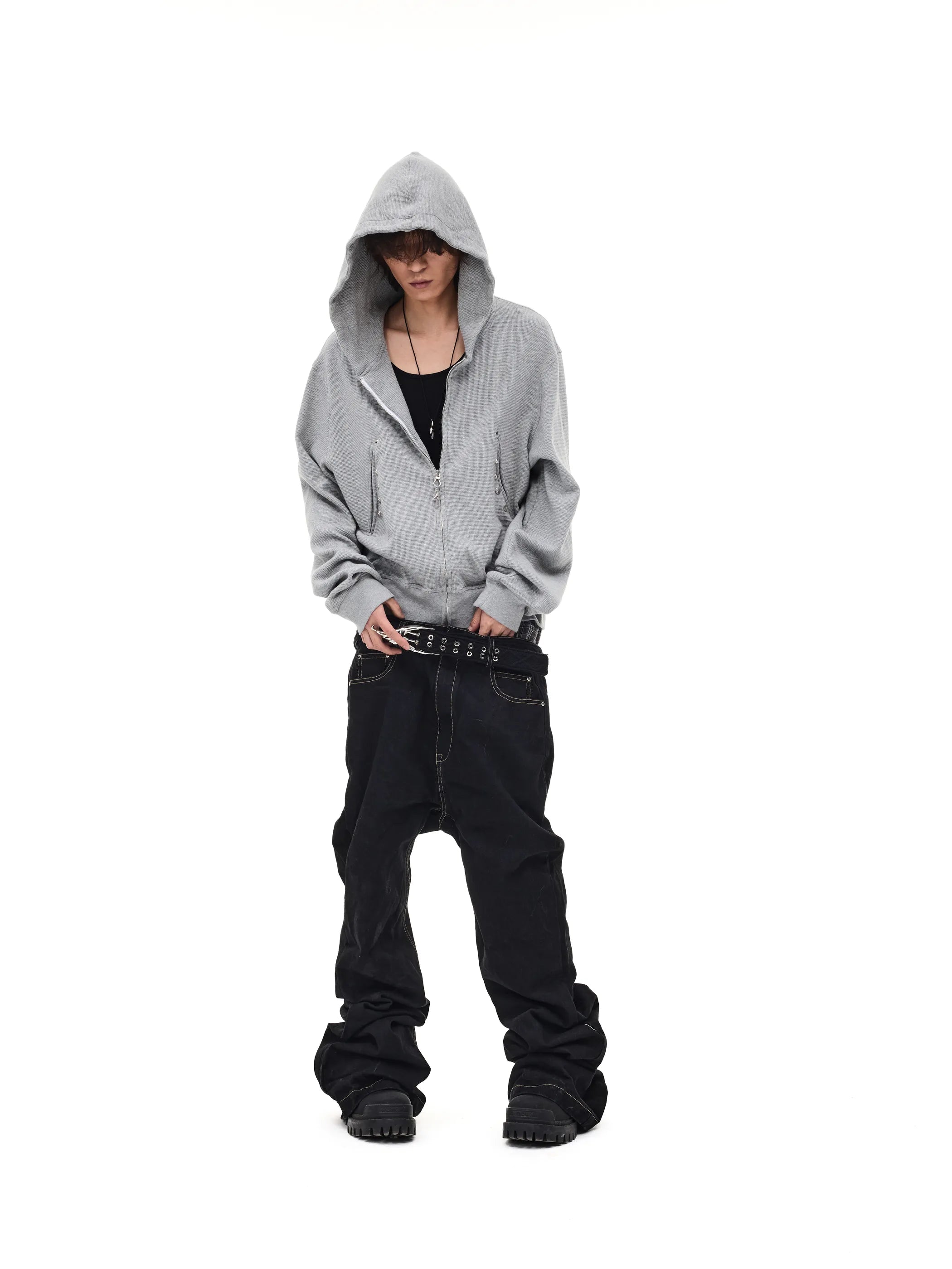 Distressed rivet-detailed hooded sweatshirt