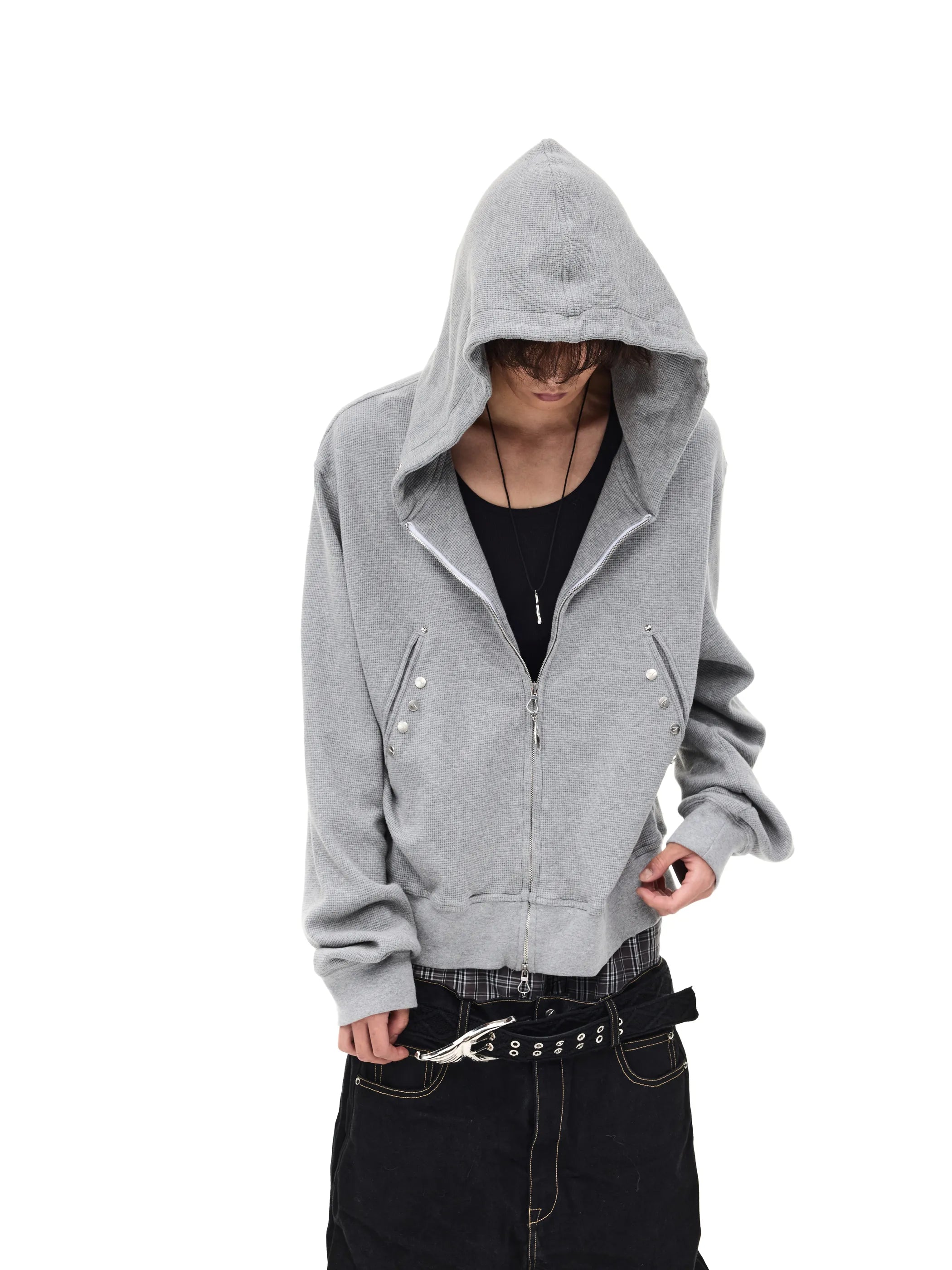 Distressed rivet-detailed hooded sweatshirt