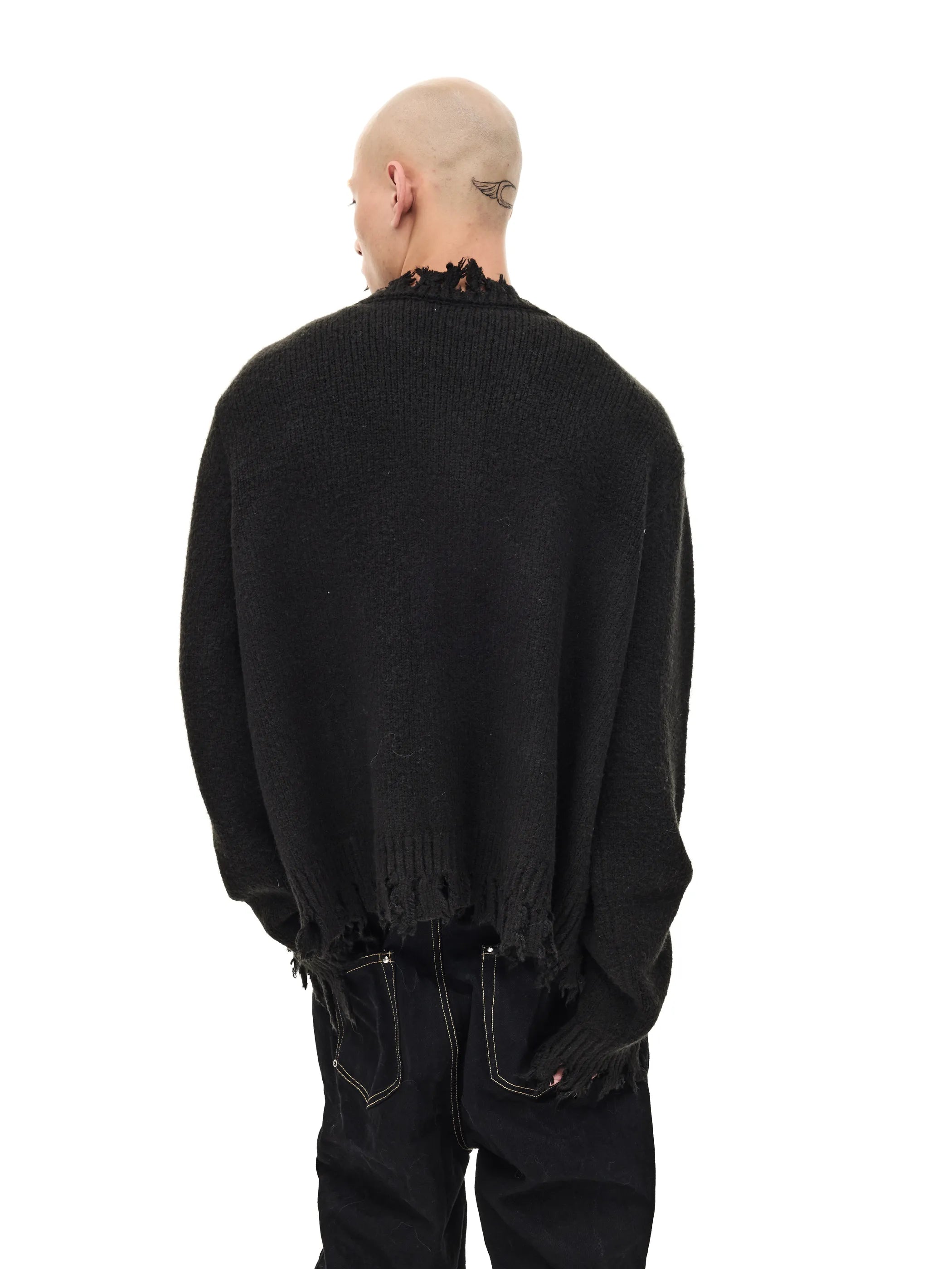 Fringed distressed badge-knit heavy sweater