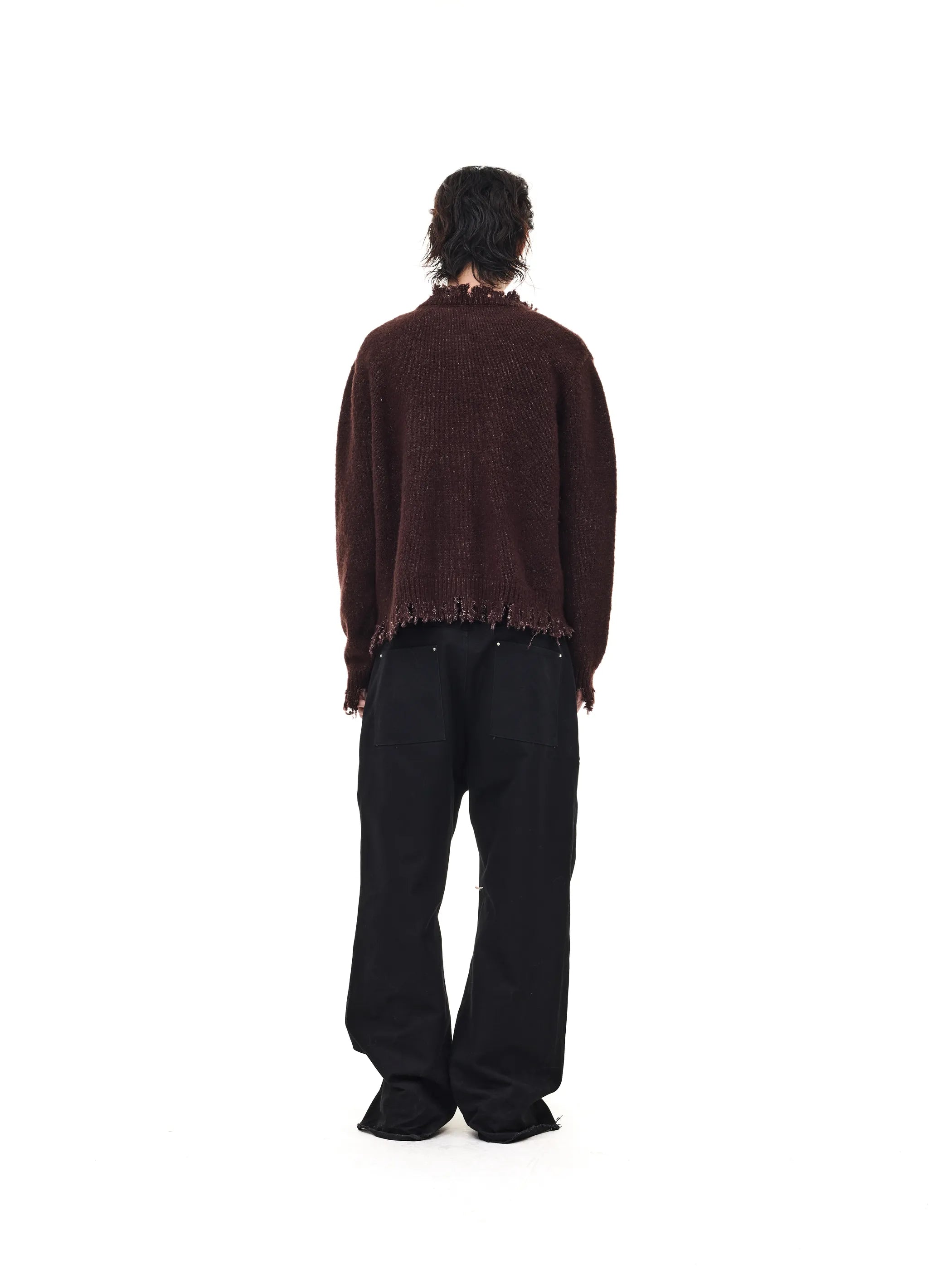 Fringed distressed badge-knit heavy sweater